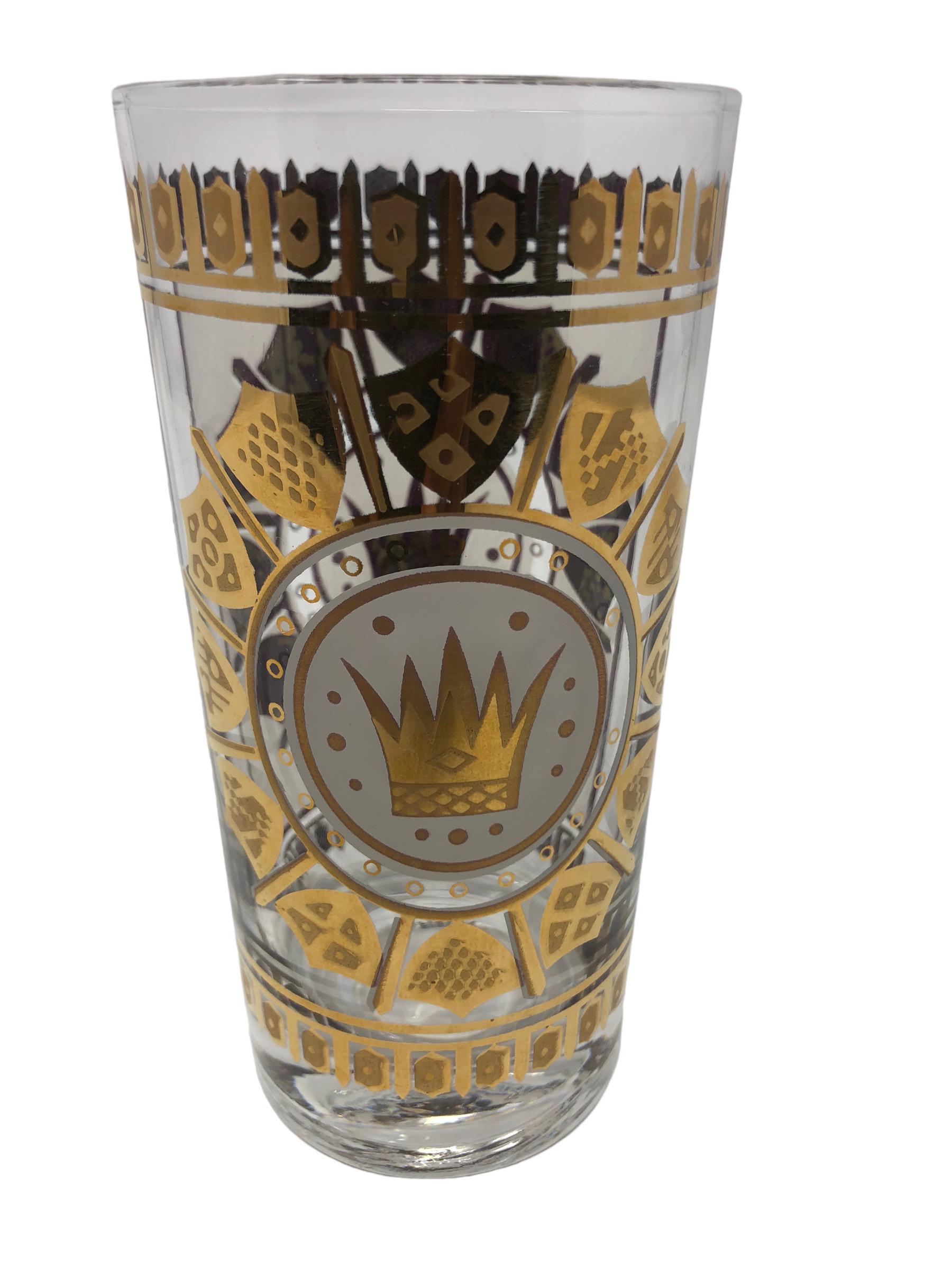 Gold Set of 6 Highball Glasses with Crowns and Shields Decoration. For Sale
