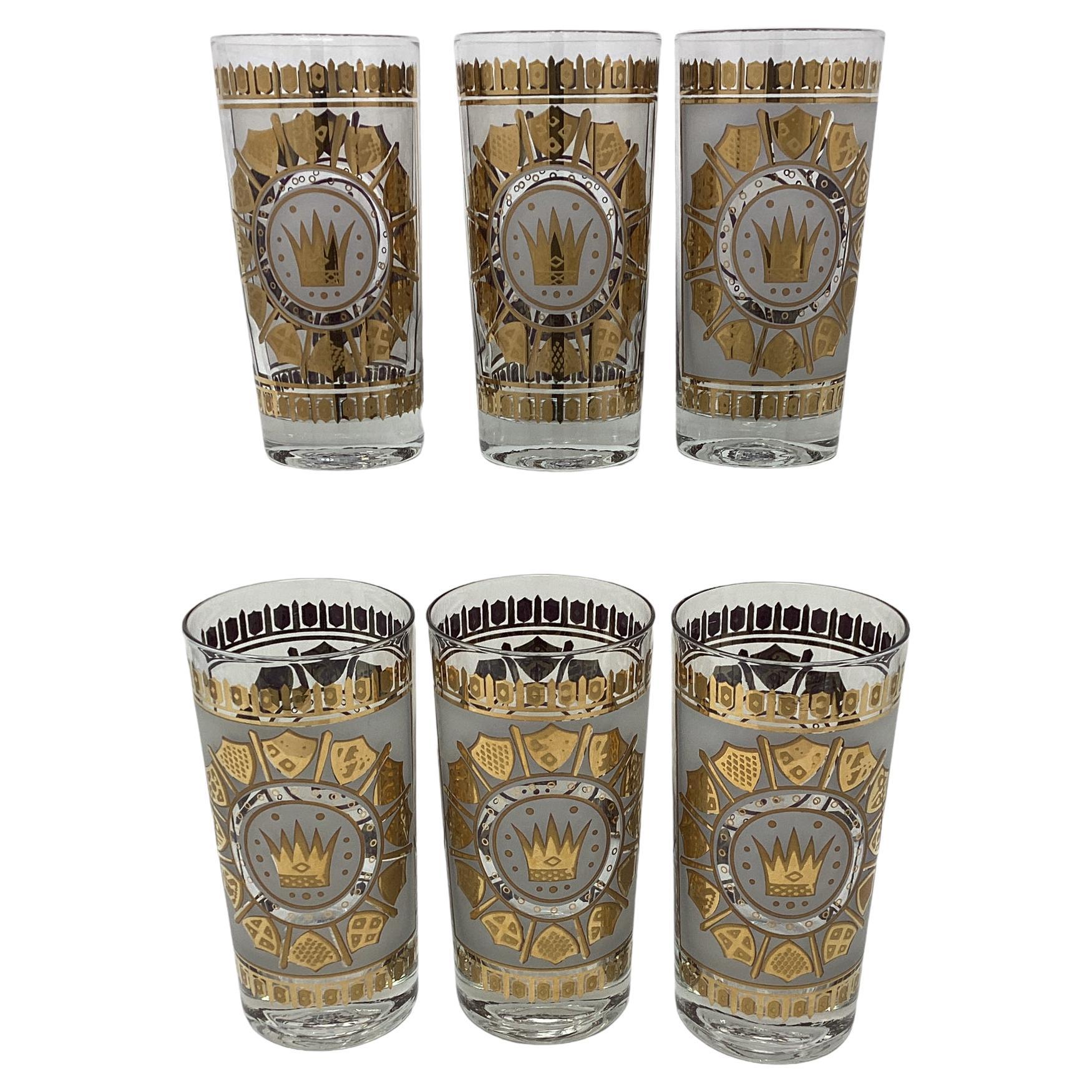 Set of 6 Highball Glasses with Crowns and Shields Decoration. For Sale