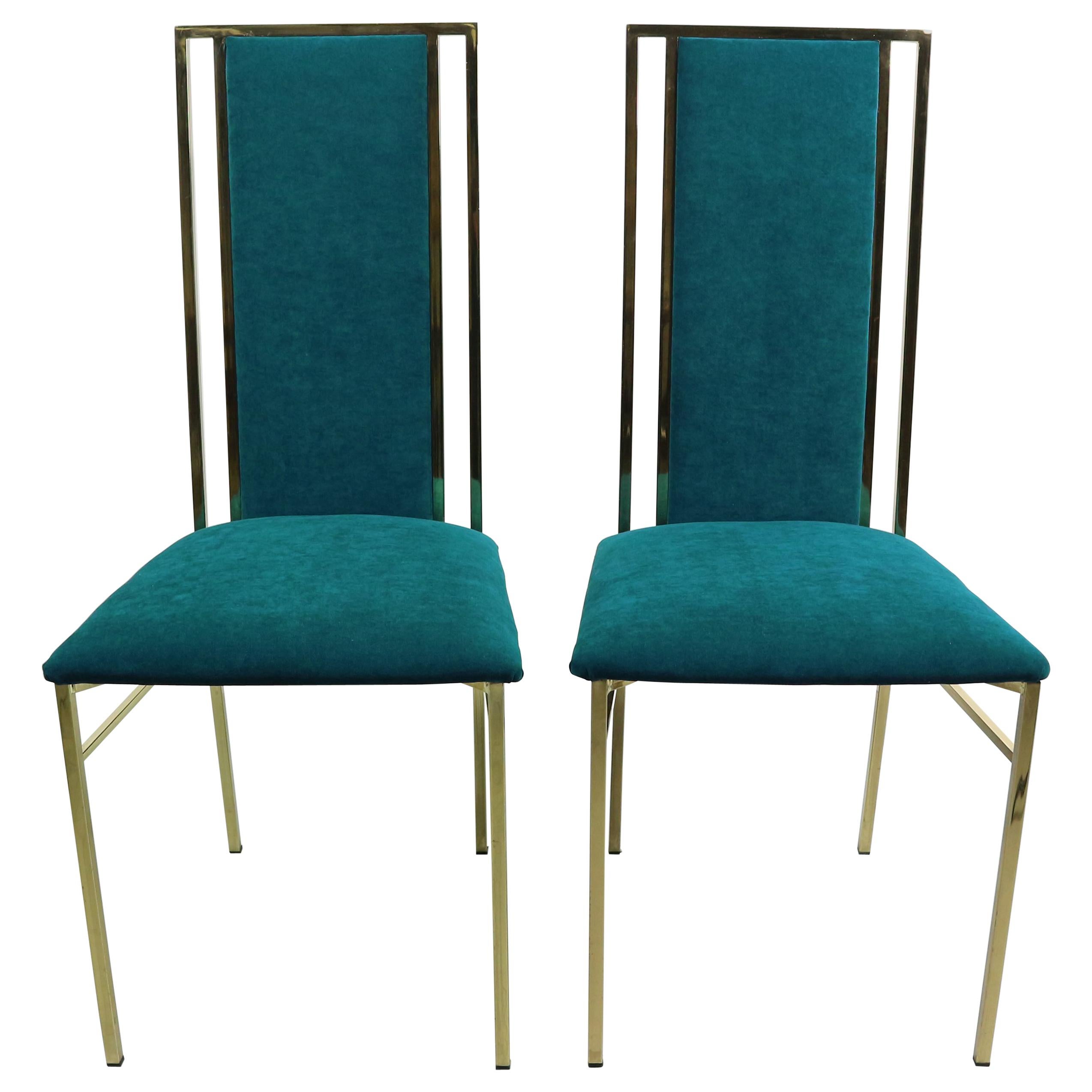 These Italian polished brass framed dining chairs are attributed to Romeo Rega.
The mixed metal framing adds a modern note to the chairs' appearance.
The chairs has been newly upholstered in blue/green velvet.
      