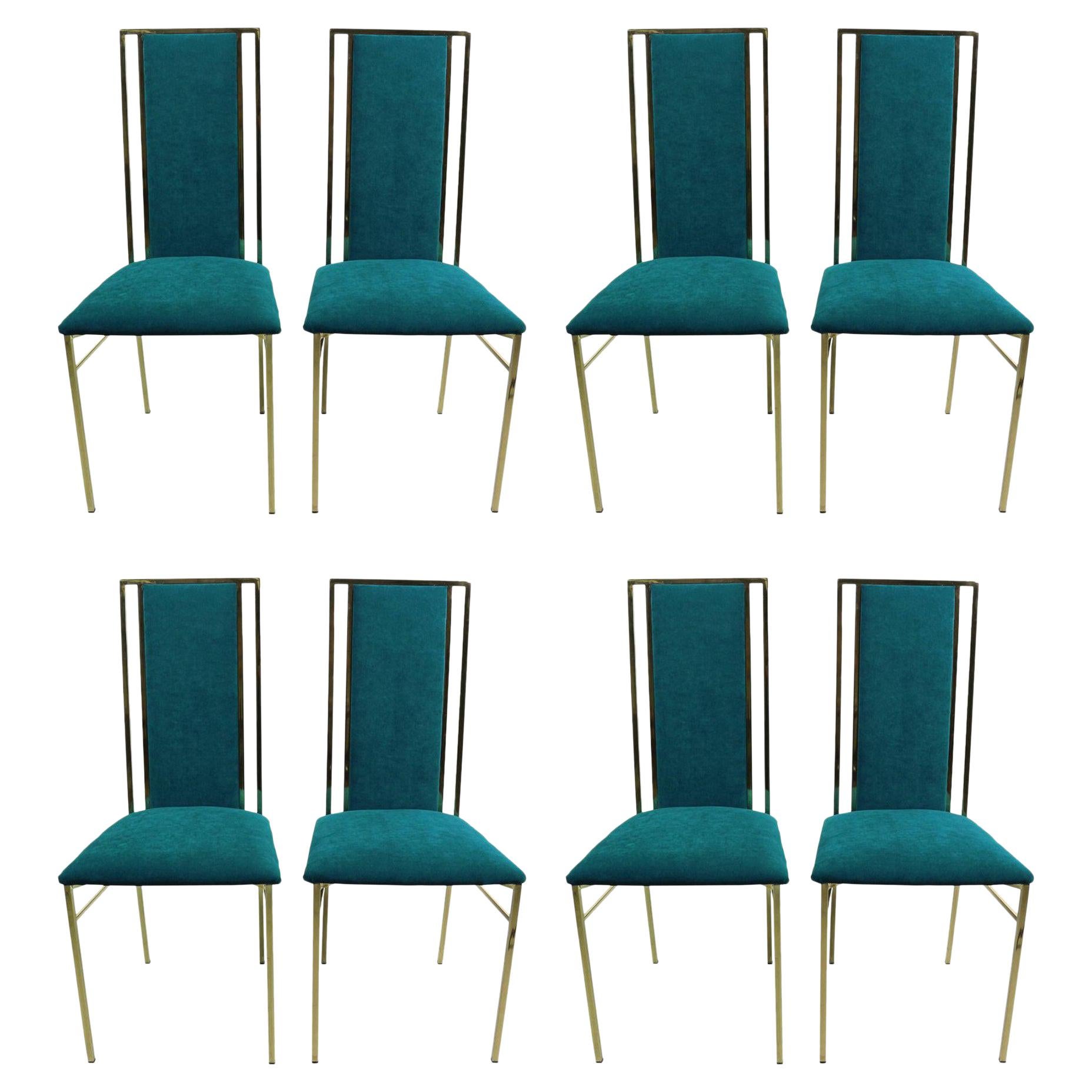Set of 8 Hollywood Regency Brass and Velvet Dinning Chairs, 1970s, Italy