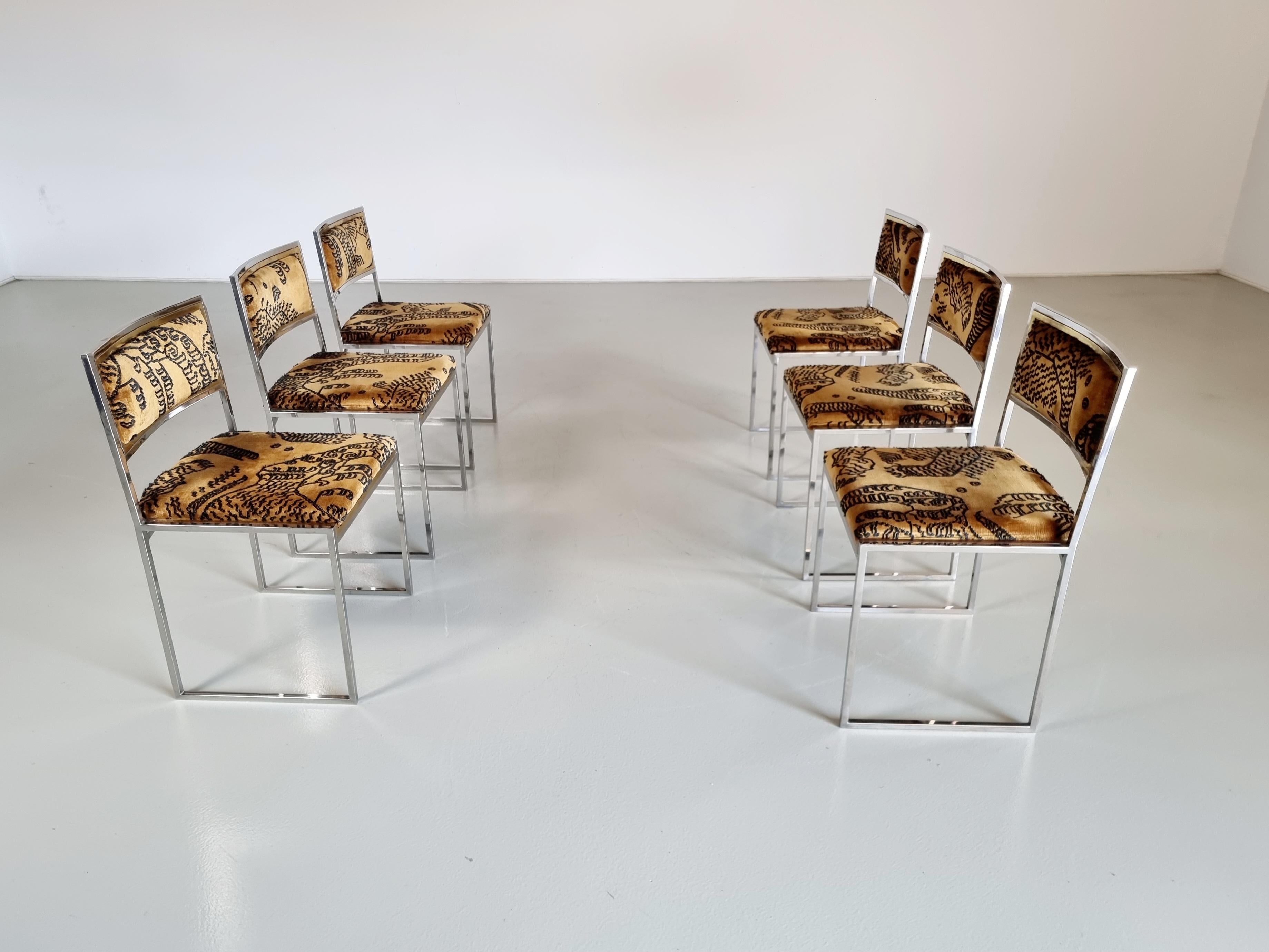 Hollywood Regency Chairs in brass, chrome and jacquard velvet, Willy Rizzo 3