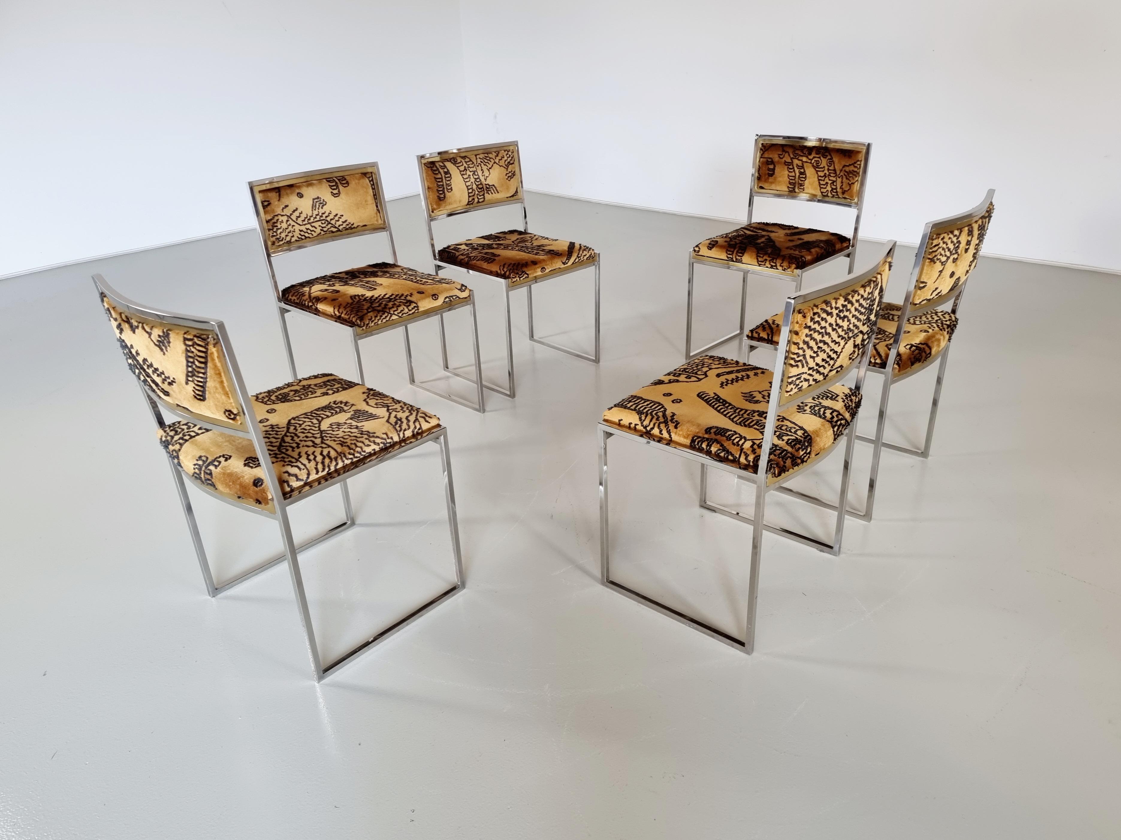 Hollywood Regency Chairs in brass, chrome and jacquard velvet, Willy Rizzo 4