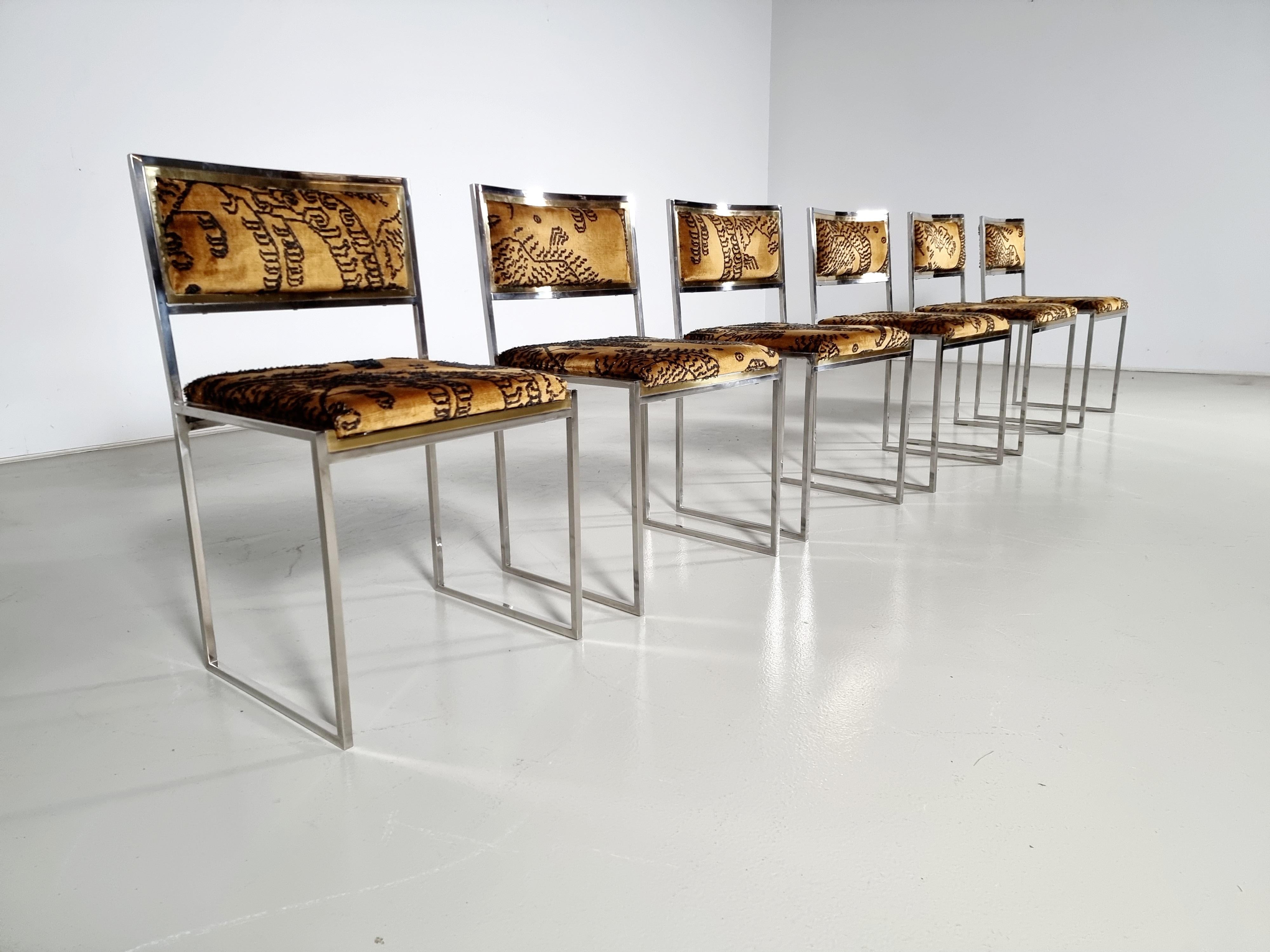 Set of 6 Hollywood Regency Style Willy Rizzo dining chairs The combination of the newly upholstered velvet seats, and brass with chrome frame is just eye-catching. The fabric is the Tiger Mountain jacquard velvet from Dedar Milano. The brass has