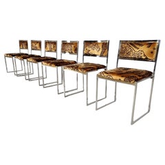 Hollywood Regency Chairs in brass, chrome and jacquard velvet, Willy Rizzo