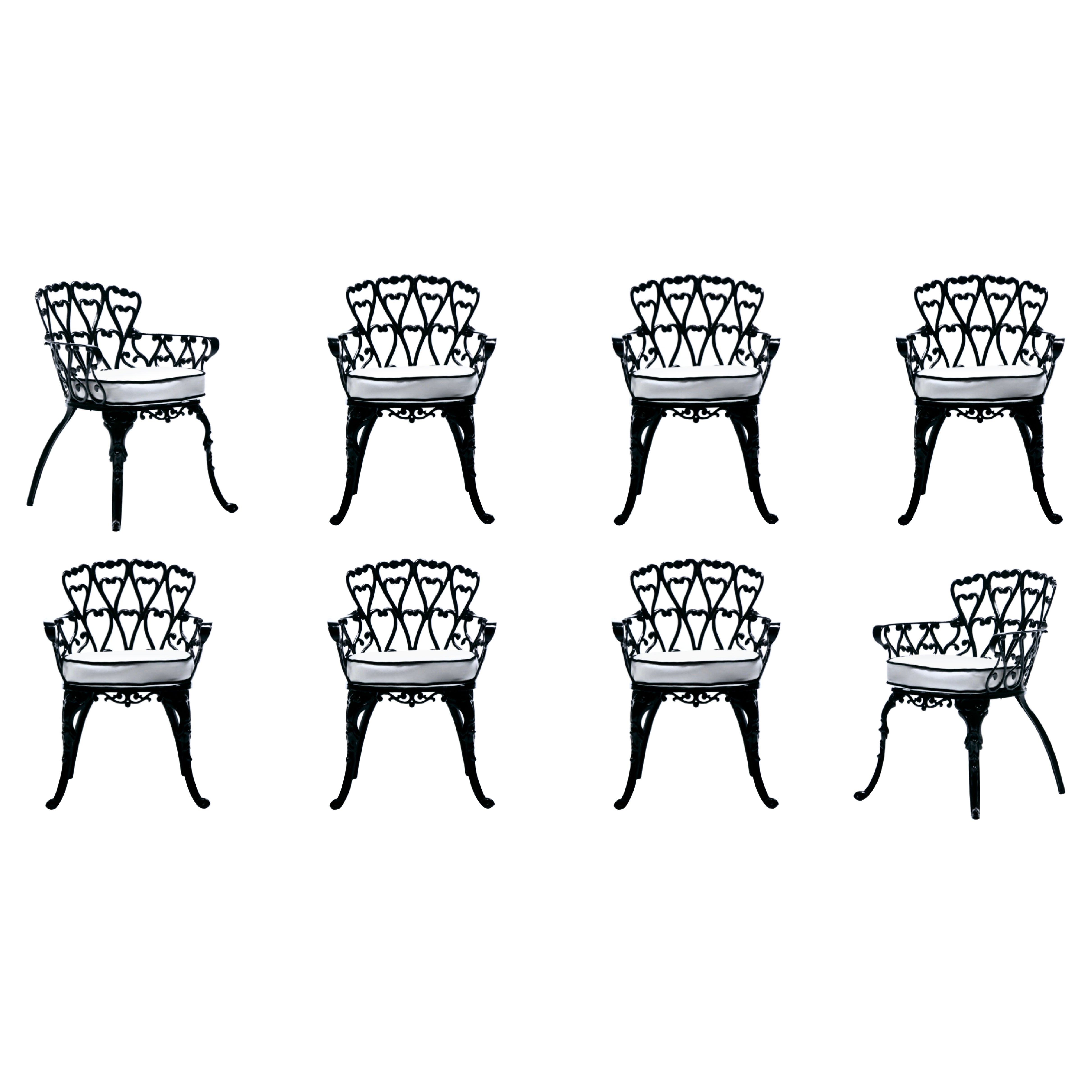 Set of 8 Hollywood Regency Neo Baroque Black Patio Dining Arm Chairs c. 1960 For Sale