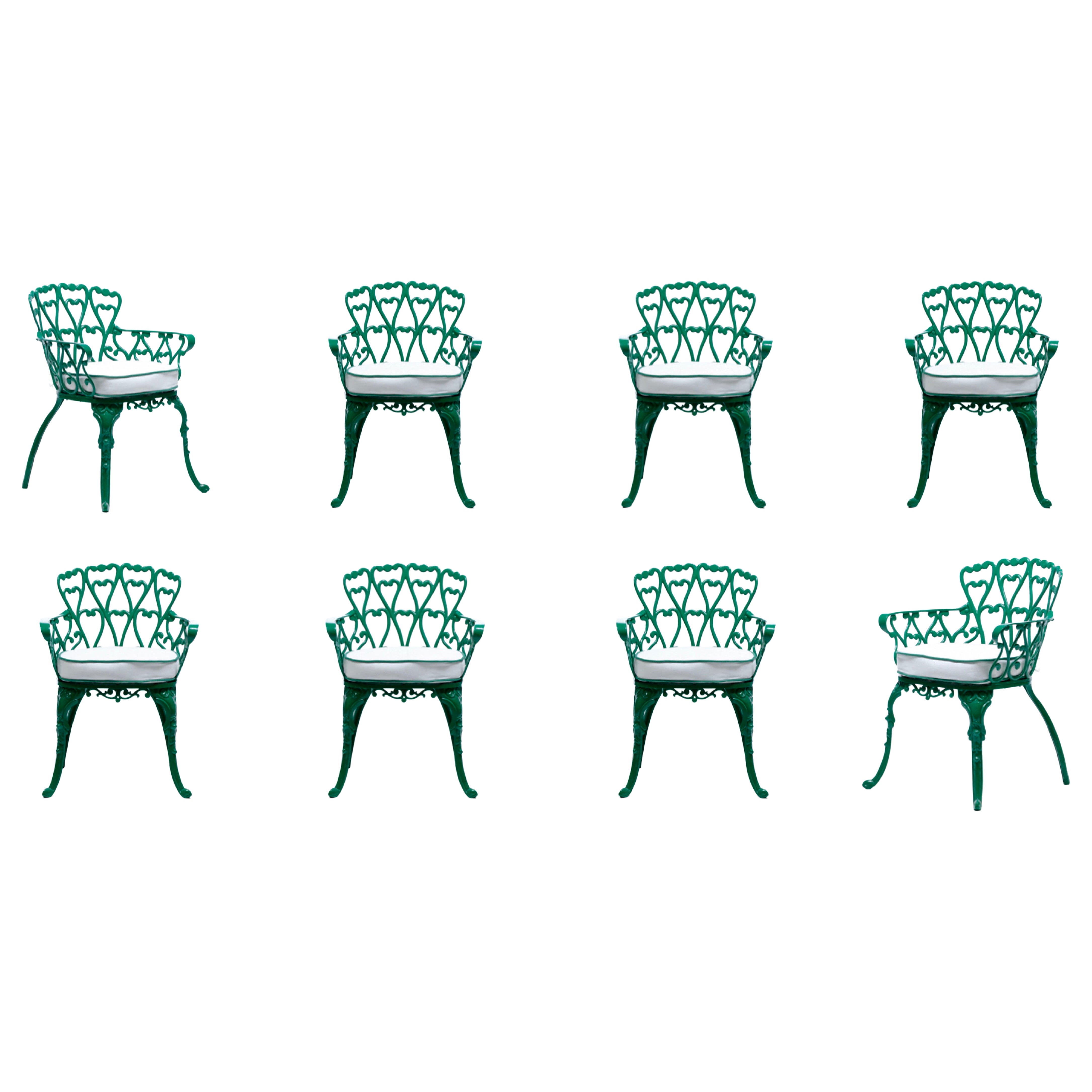 Set of 8 Hollywood Regency Neo Baroque Patio Dining Chairs in Jade Green c. 1960