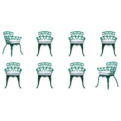 Set of 8 Hollywood Regency Neo Baroque Patio Dining Chairs in Jade Green c. 1960