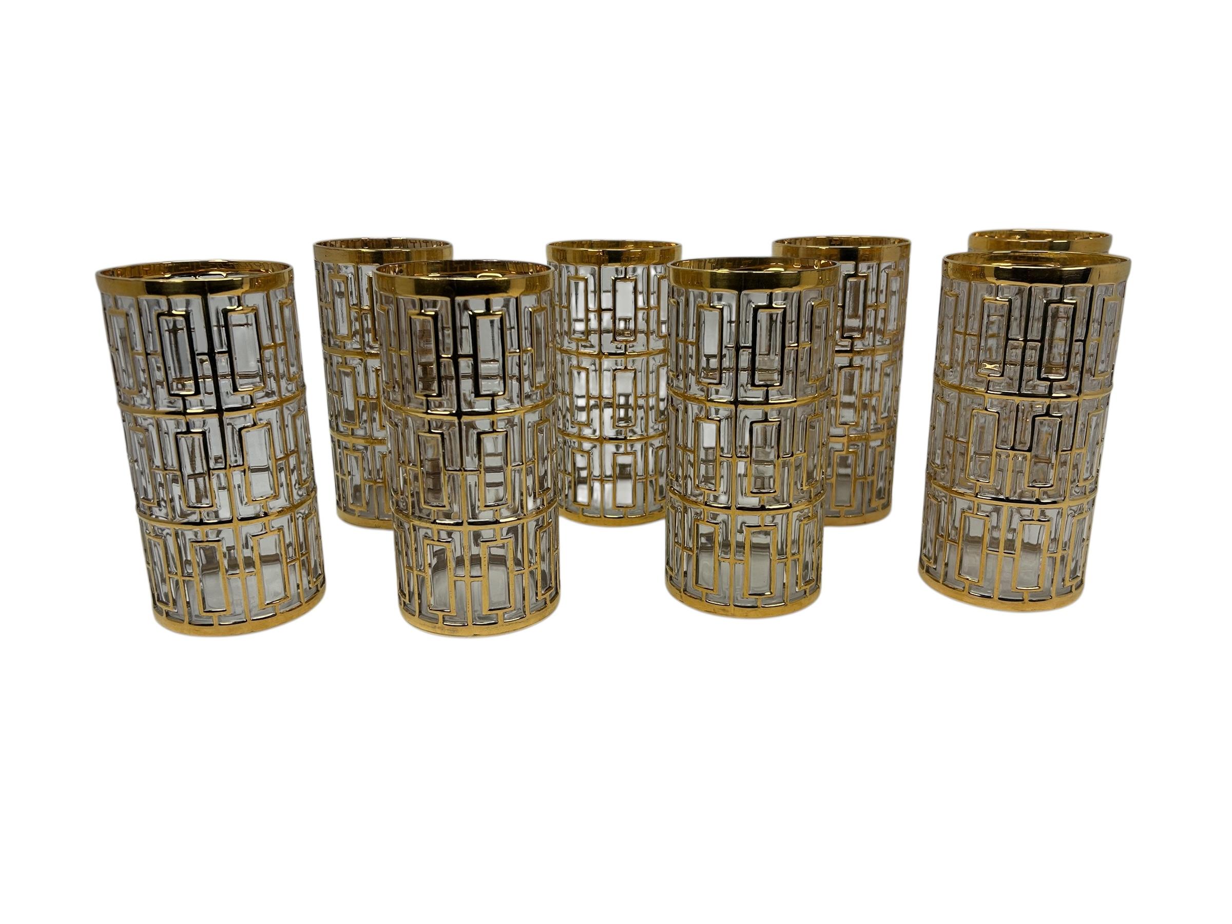 Set of Eight Imperial Glass Highball Glasses with 22-karat Gold in the “Shoji” pattern. The glasses with molded raised pattern of interlocked rectangles and having the raised surfaces covered in 22k gold.
We have 2 sets available and listed