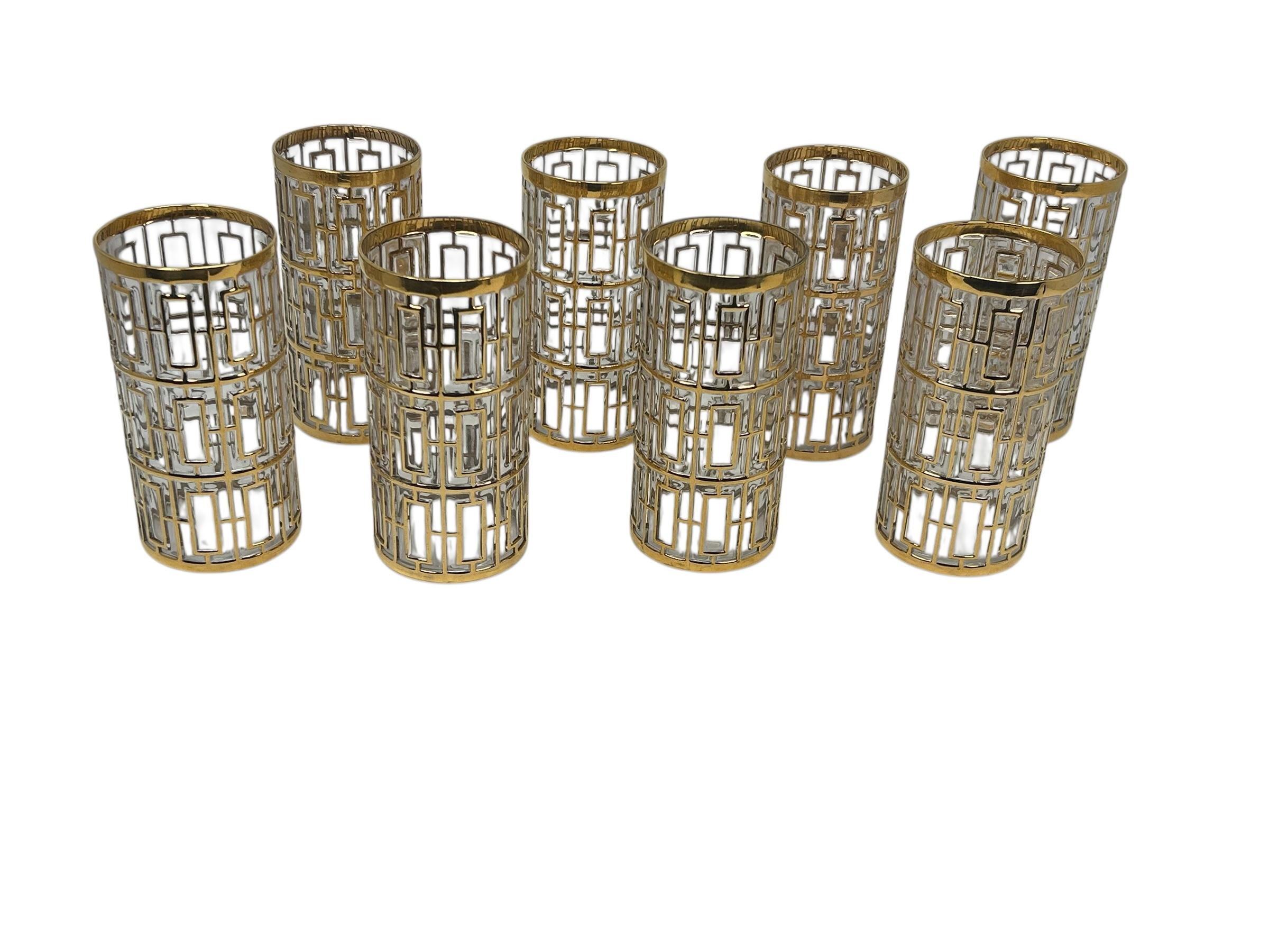 Hollywood Regency Set of 8 Imperial Glass Highball Glasses with 22k Gold in the “Shoji” pattern For Sale