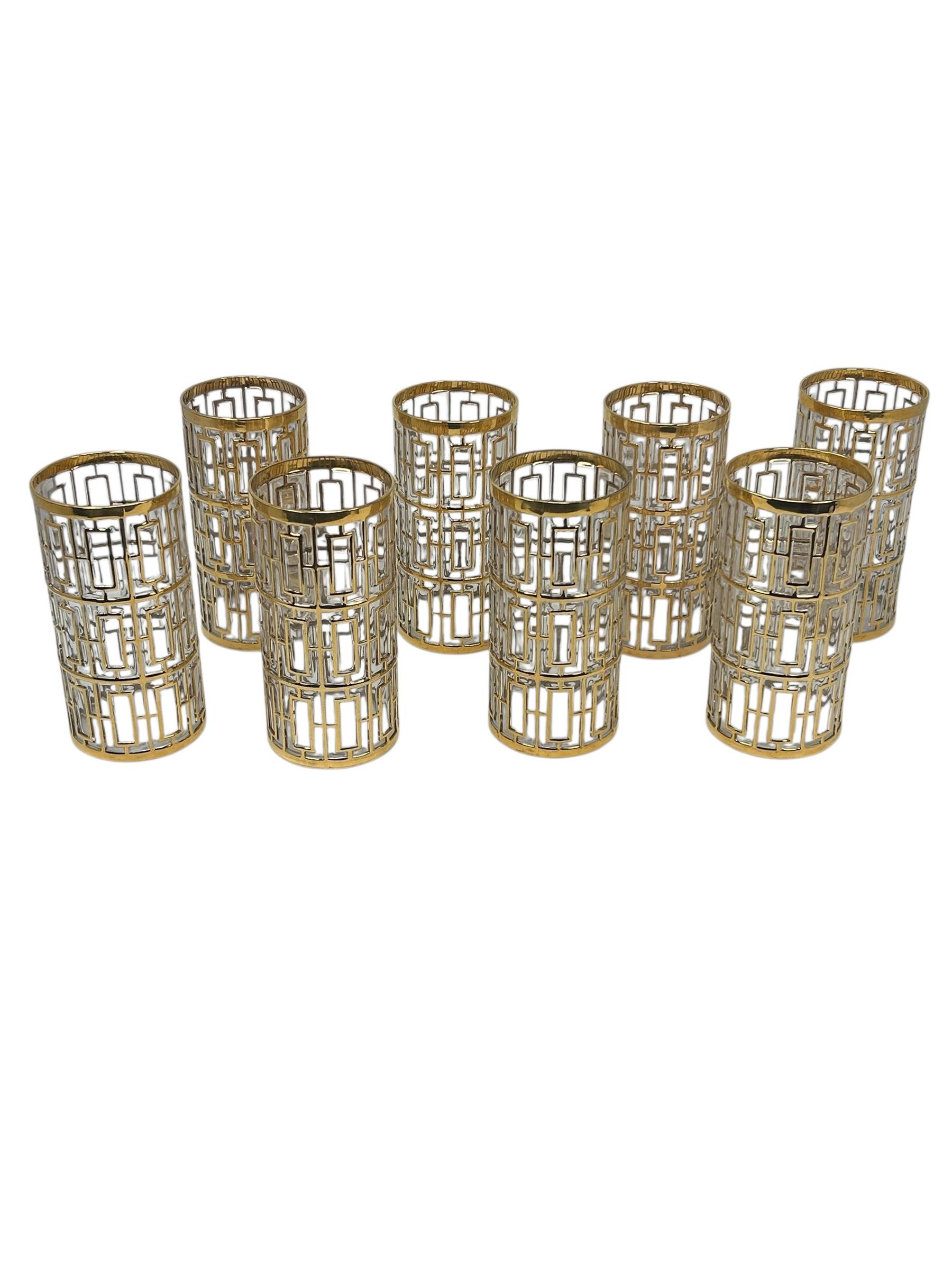 American Set of 8 Imperial Glass Highball Glasses with 22k Gold in the “Shoji” pattern For Sale