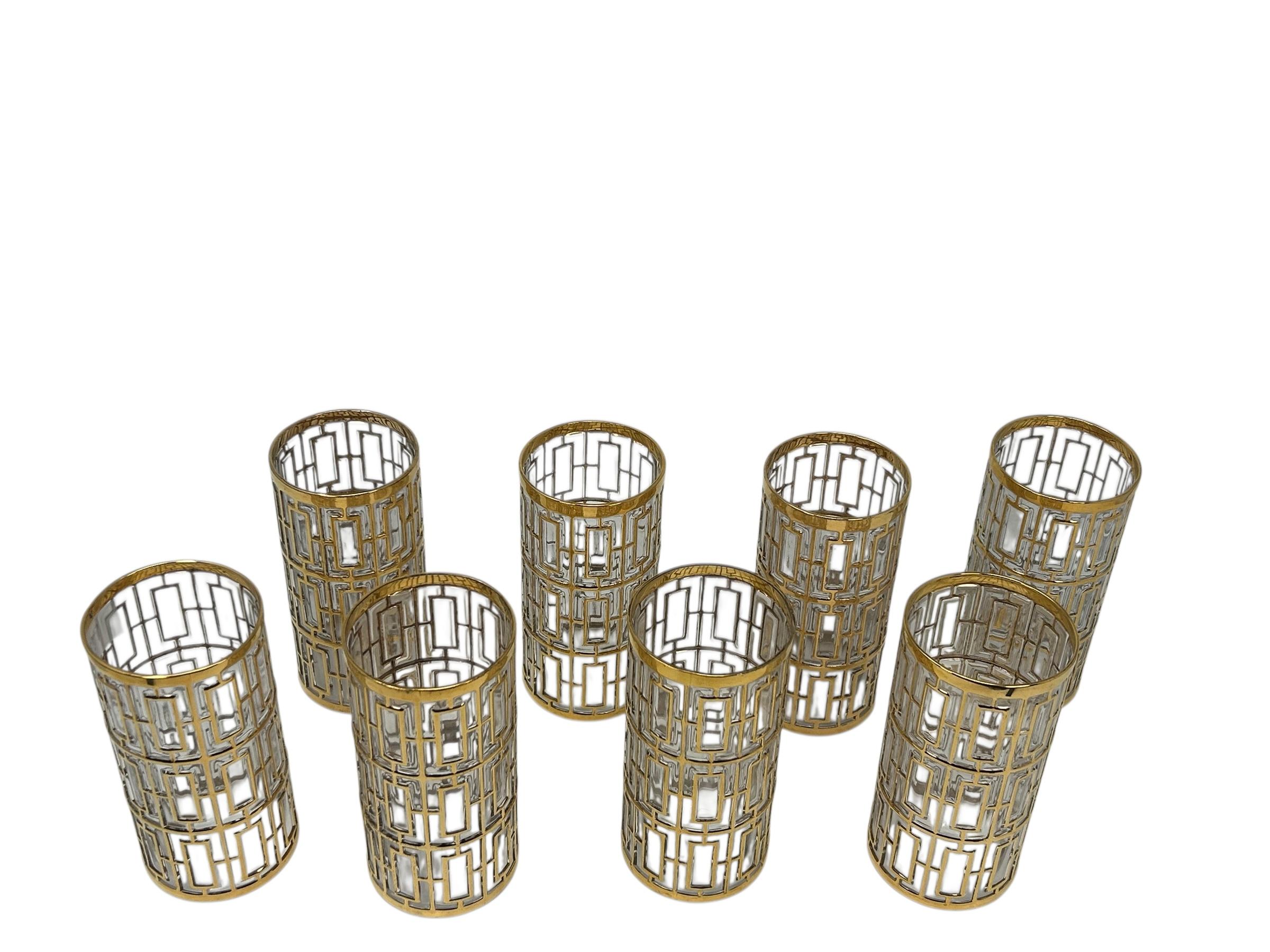 Set of 8 Imperial Glass Highball Glasses with 22k Gold in the “Shoji” pattern In Good Condition For Sale In Chapel Hill, NC