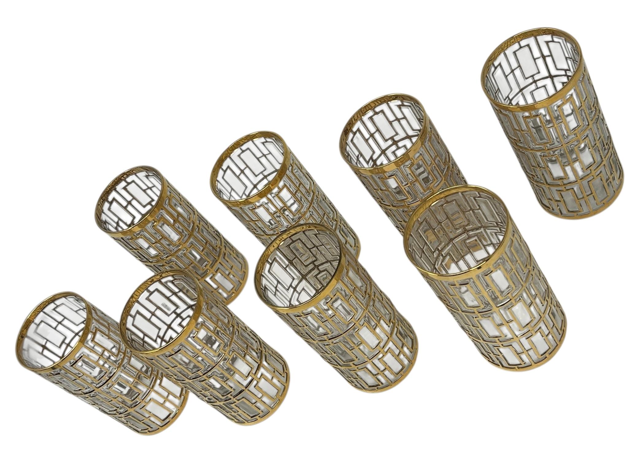 Mid-20th Century Set of 8 Imperial Glass Highball Glasses with 22k Gold in the “Shoji” pattern For Sale