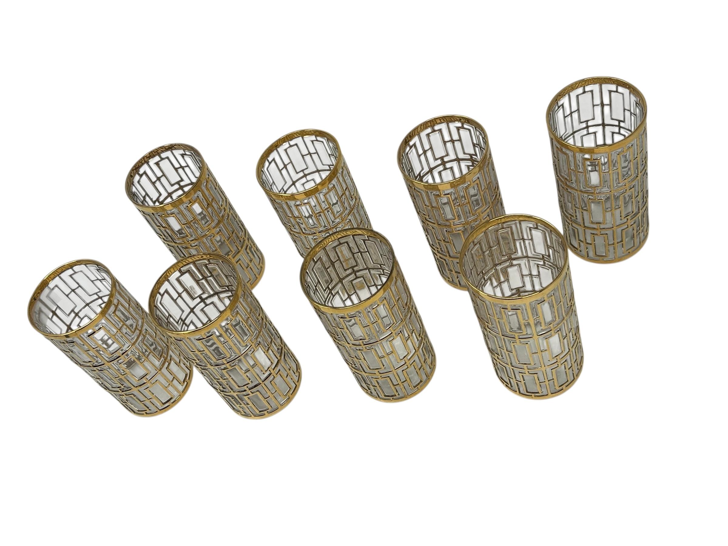 Set of 8 Imperial Glass Highball Glasses with 22k Gold in the “Shoji” pattern For Sale 1