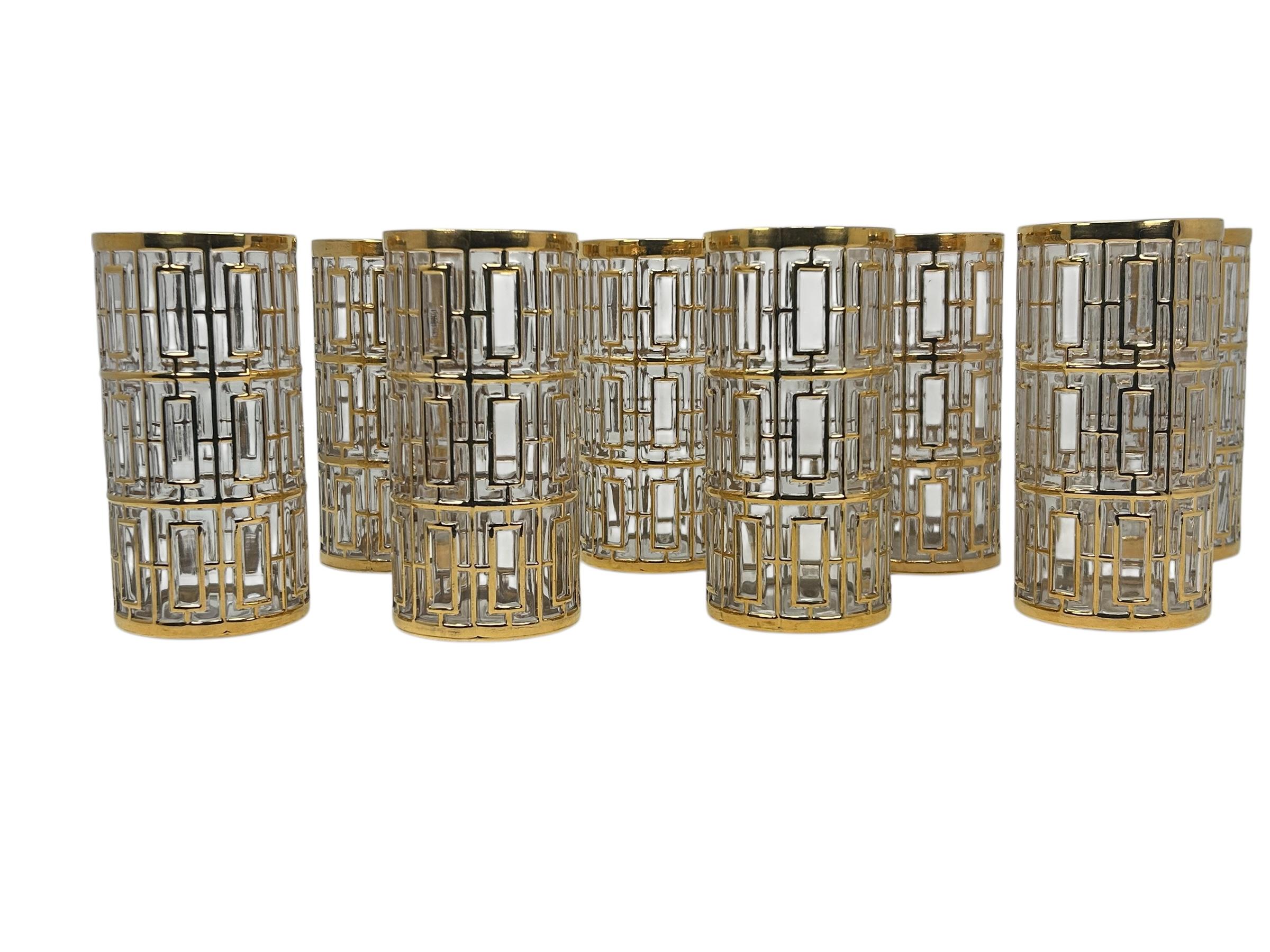 Set of 8 Imperial Glass Highball Glasses with 22k Gold in the “Shoji” pattern For Sale 2