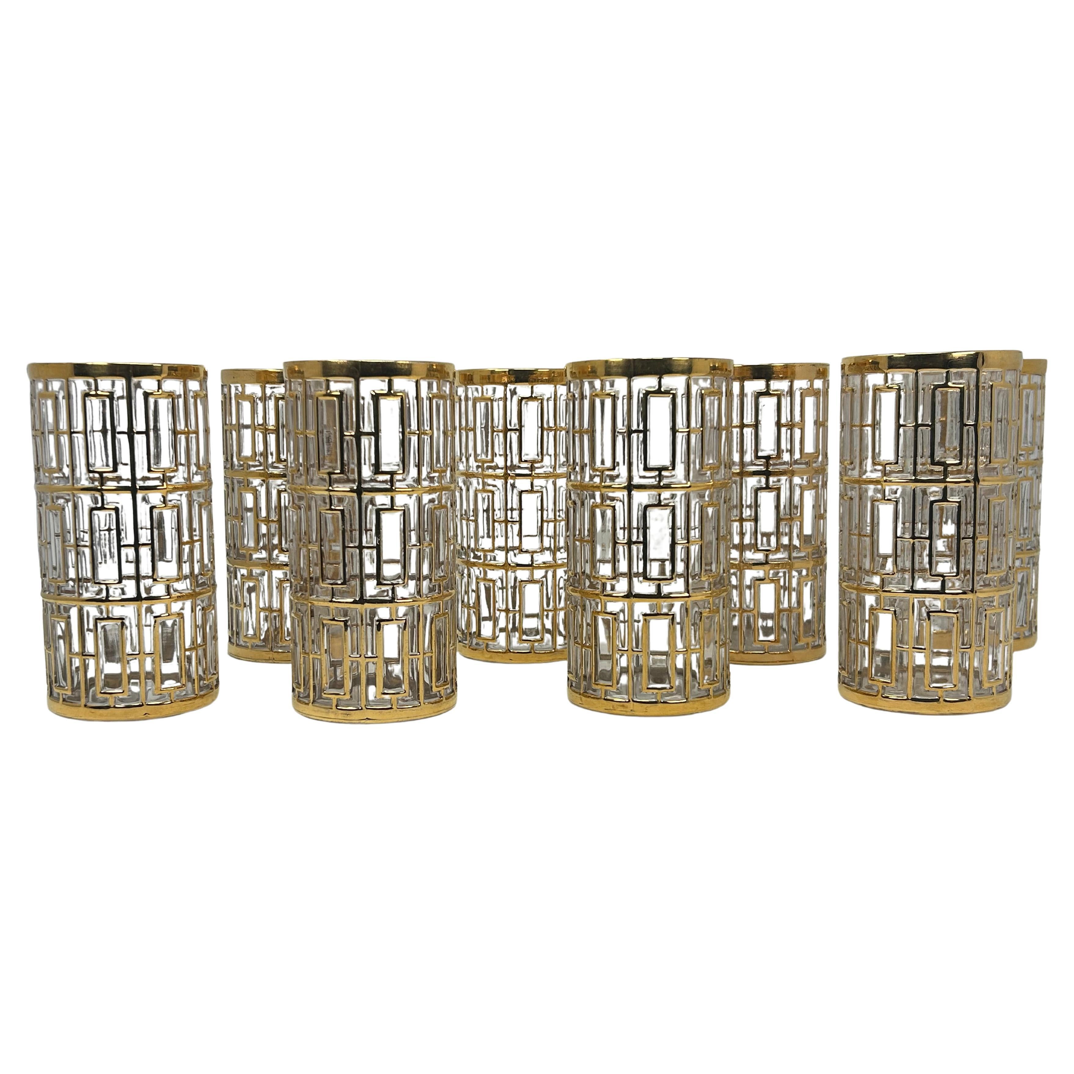 Satz von 8 Imperial Glass Highball Gläsern mit 22k Gold im "Shoji" Muster