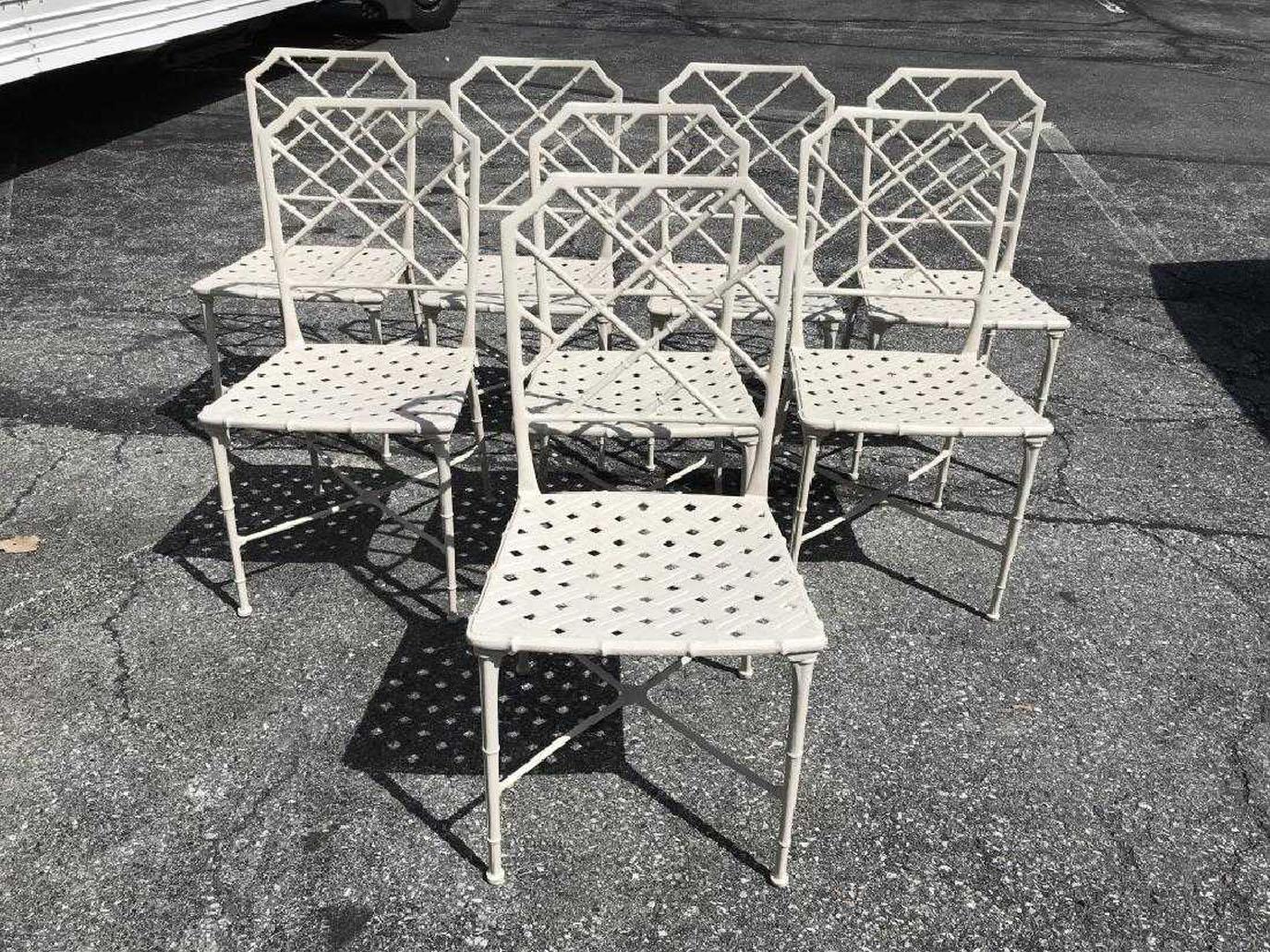 Set of 8 vintage Hollywood regency iron faux bamboo style garden chairs in cream toned finish. Outdoor Garden Chairs, Cast Iron Garden Furniture, Patio Furniture.
     