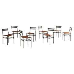 Set of 8 Iron + Cognac Leather Dining Chairs, Italy, 20th Century