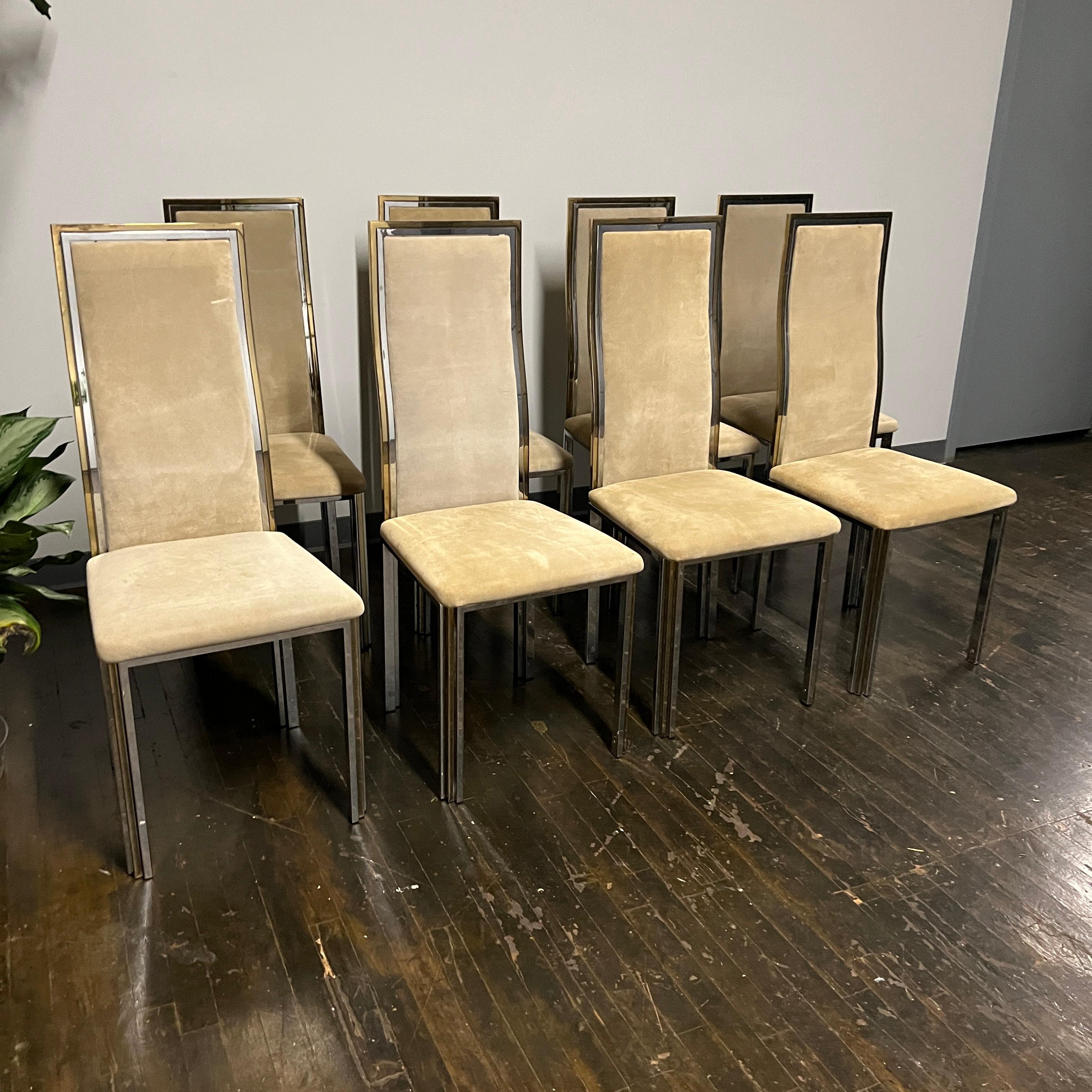 Hollywood Regency Set di 8 sedie da pranzo in ottone e cromo degli anni '70 attribuite a Romeo Rega in vendita