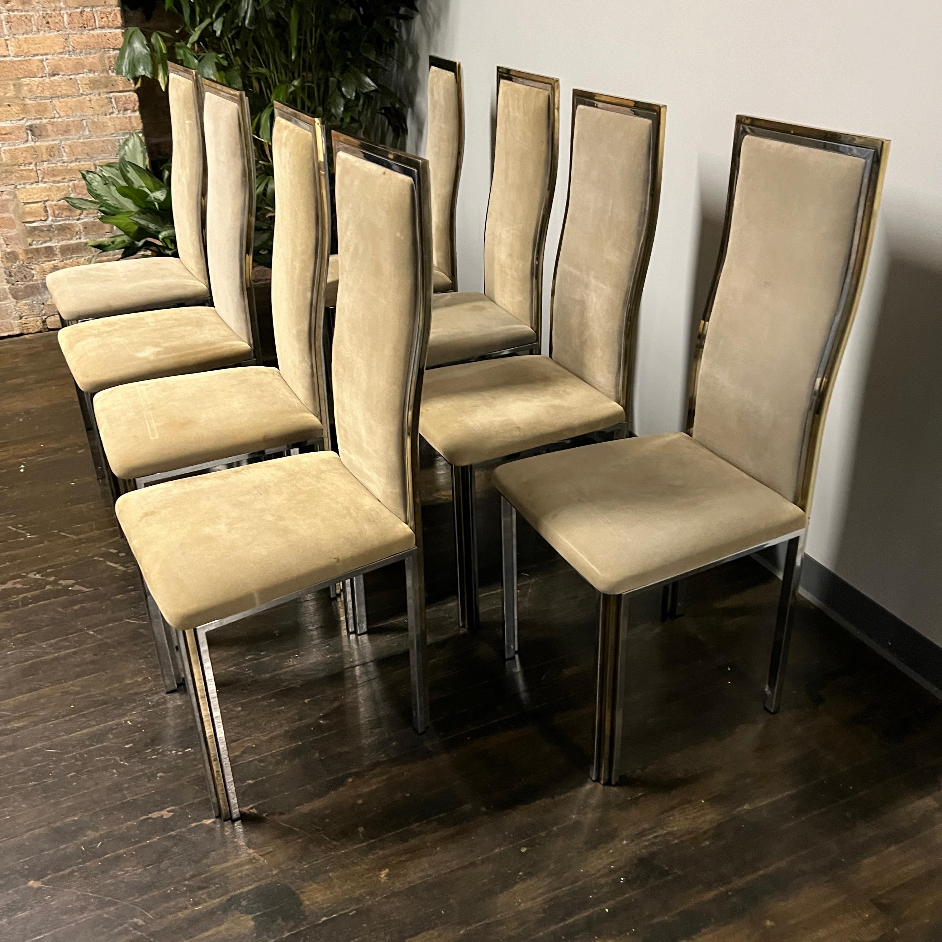 Set di 8 sedie da pranzo in ottone e cromo degli anni '70 attribuite a Romeo Rega In condizioni buone in vendita a Chicago, IL