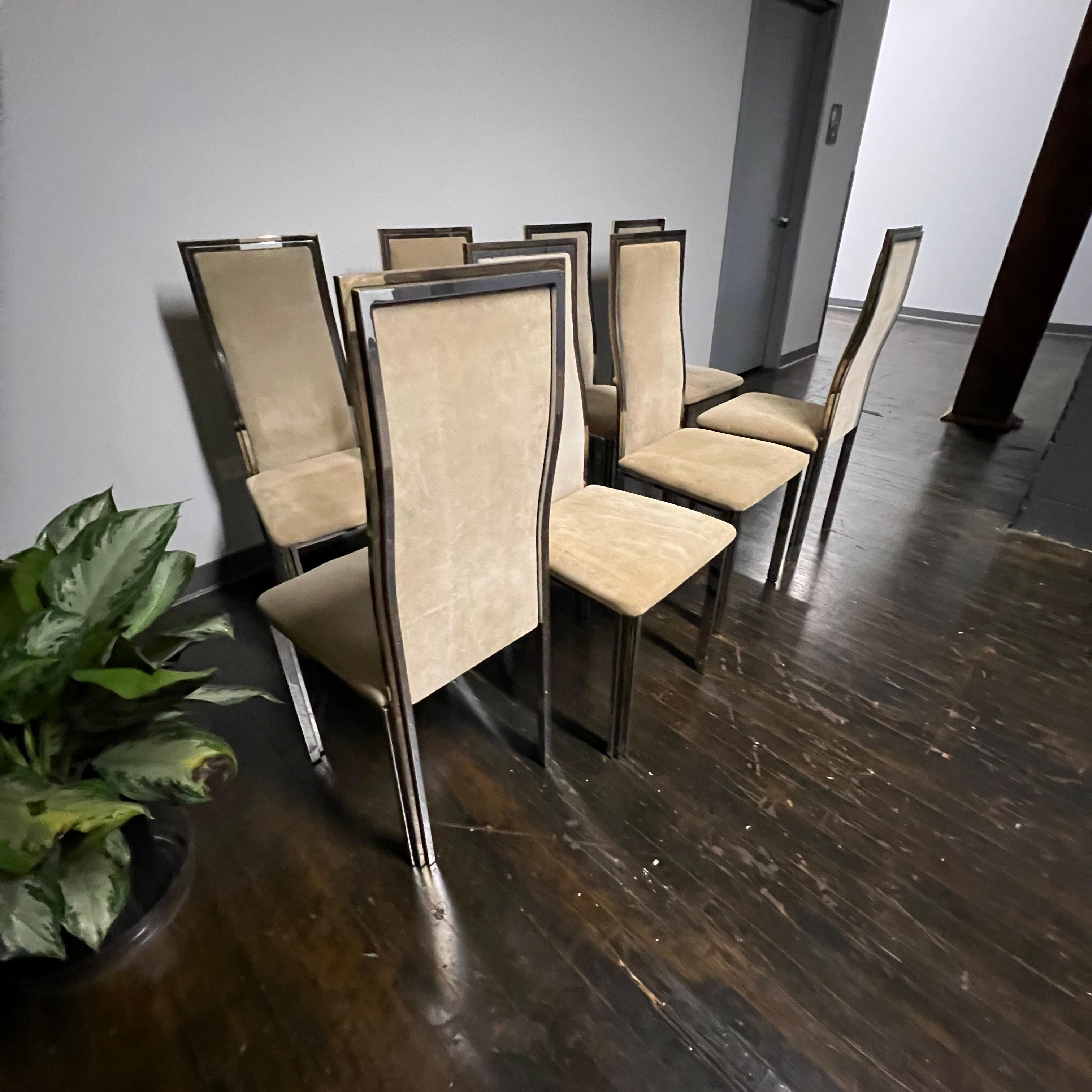 Metallo Set di 8 sedie da pranzo in ottone e cromo degli anni '70 attribuite a Romeo Rega in vendita