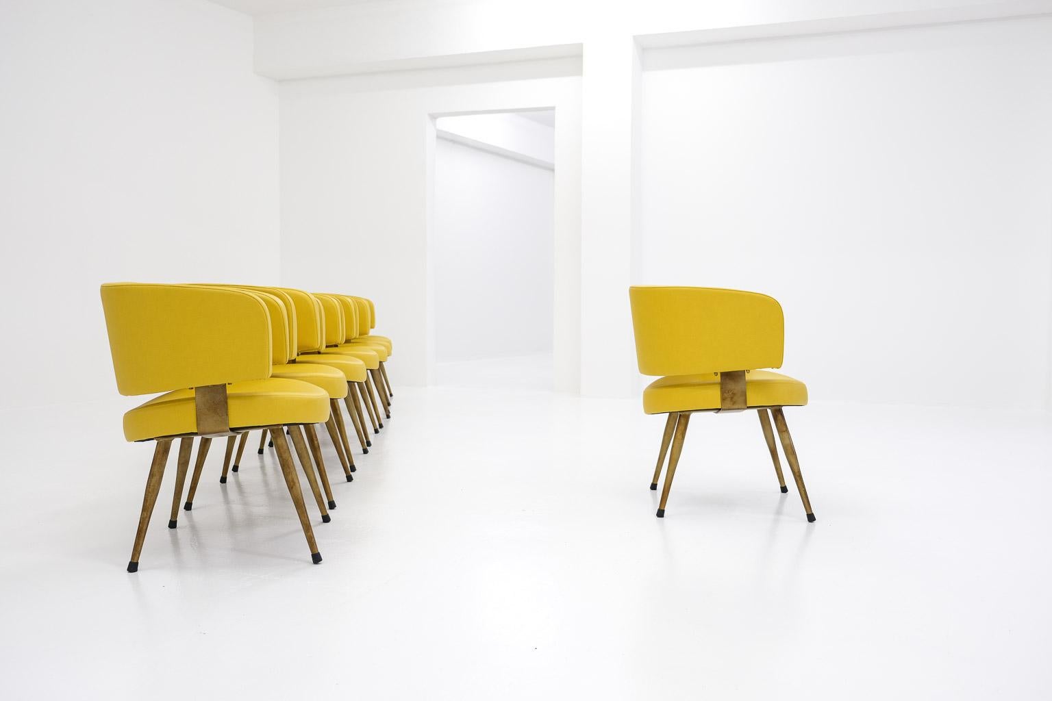 Set of 8 Italian armchairs, newly upholstered in yellow leatherette & metal base For Sale 4