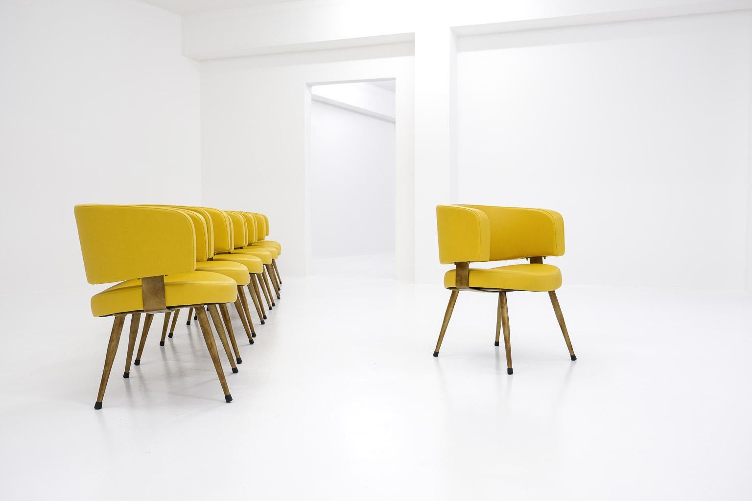 Set of 8 Italian armchairs, newly upholstered in yellow leatherette & metal base For Sale 5