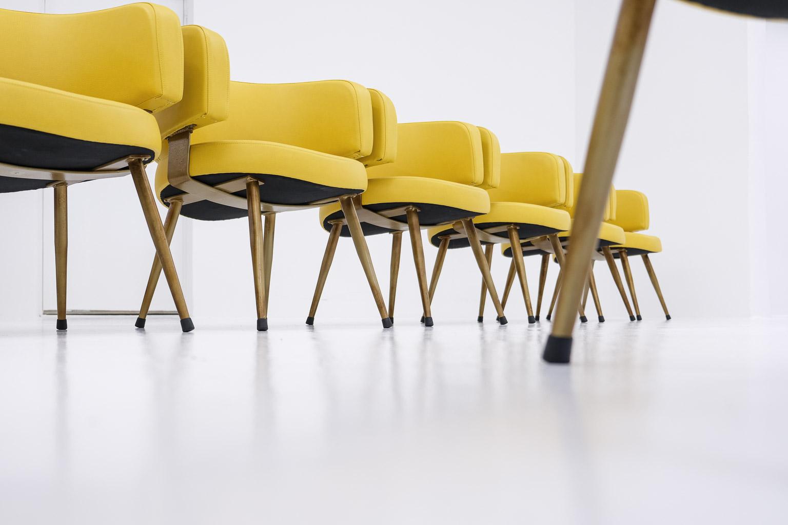 Set of 8 Italian armchairs, newly upholstered in yellow leatherette & metal base For Sale 7