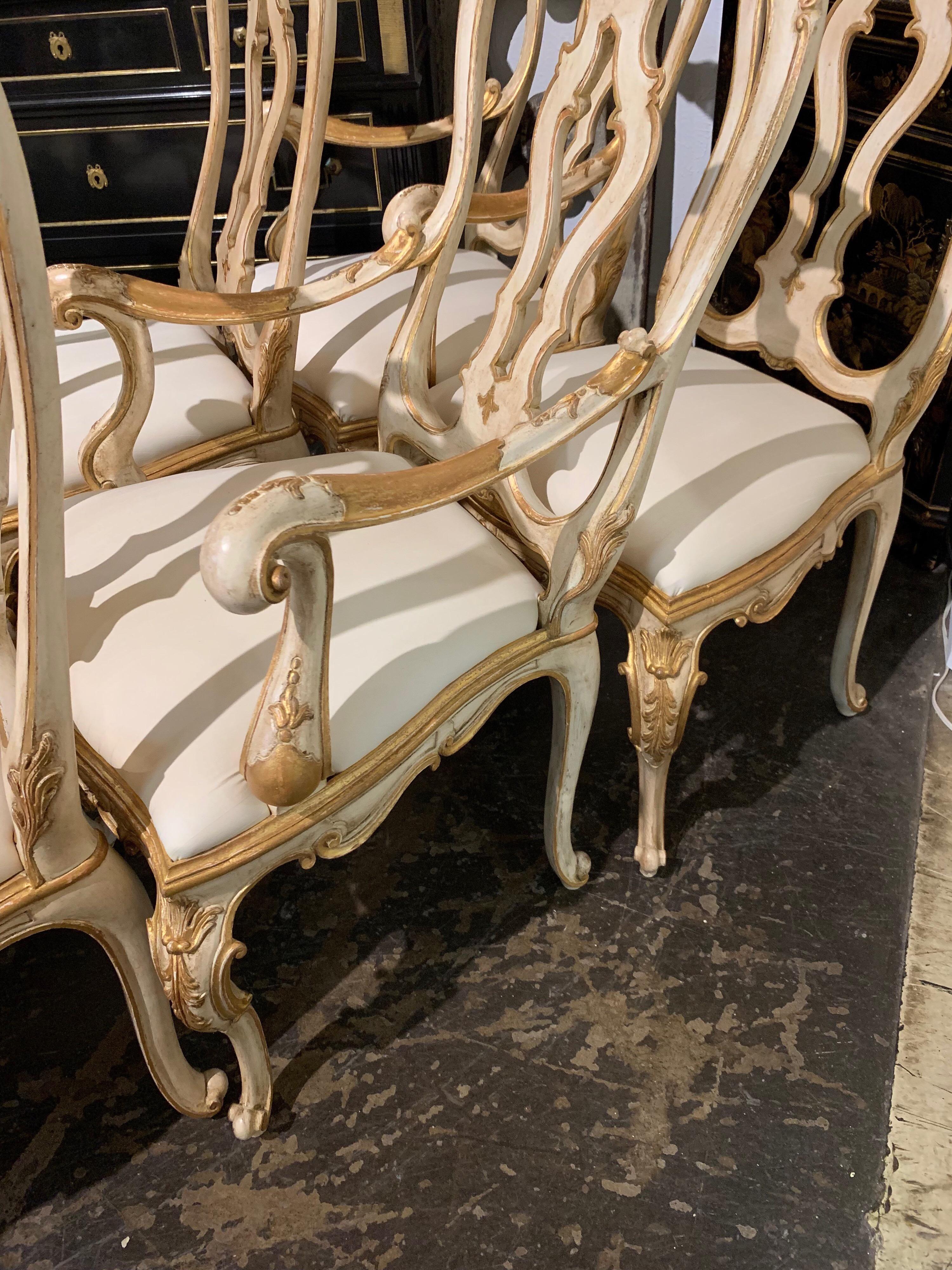 20th Century Set of 8 Italian Carved Parcel Gilt Upholstered Dining Chairs