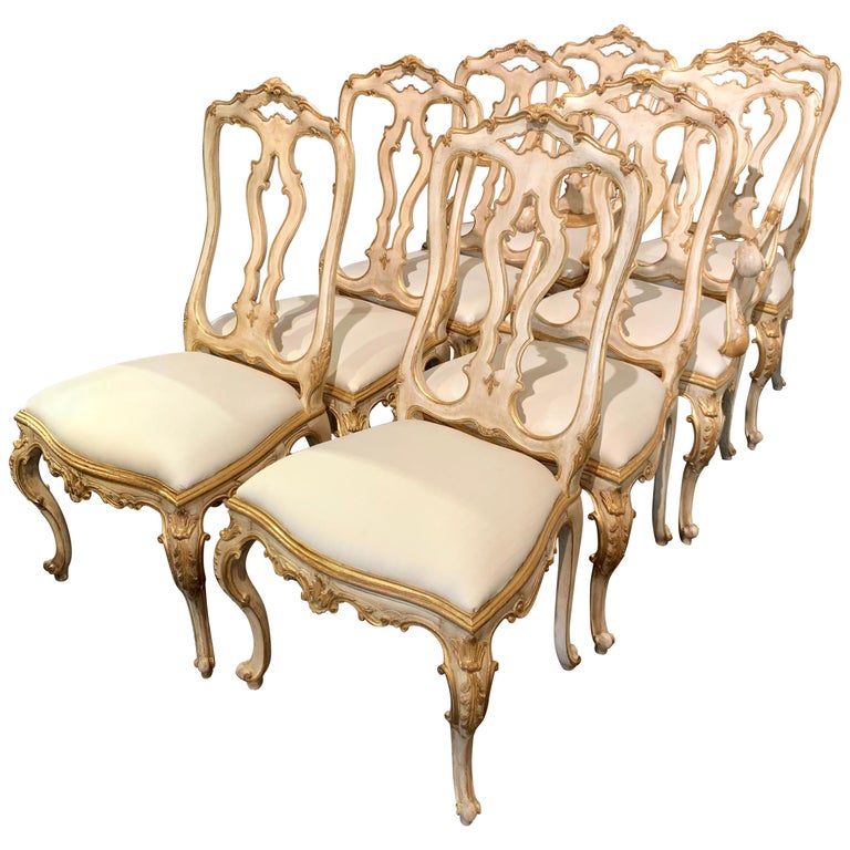 Set of 8 Italian Carved Parcel Gilt Upholstered Dining Chairs For Sale