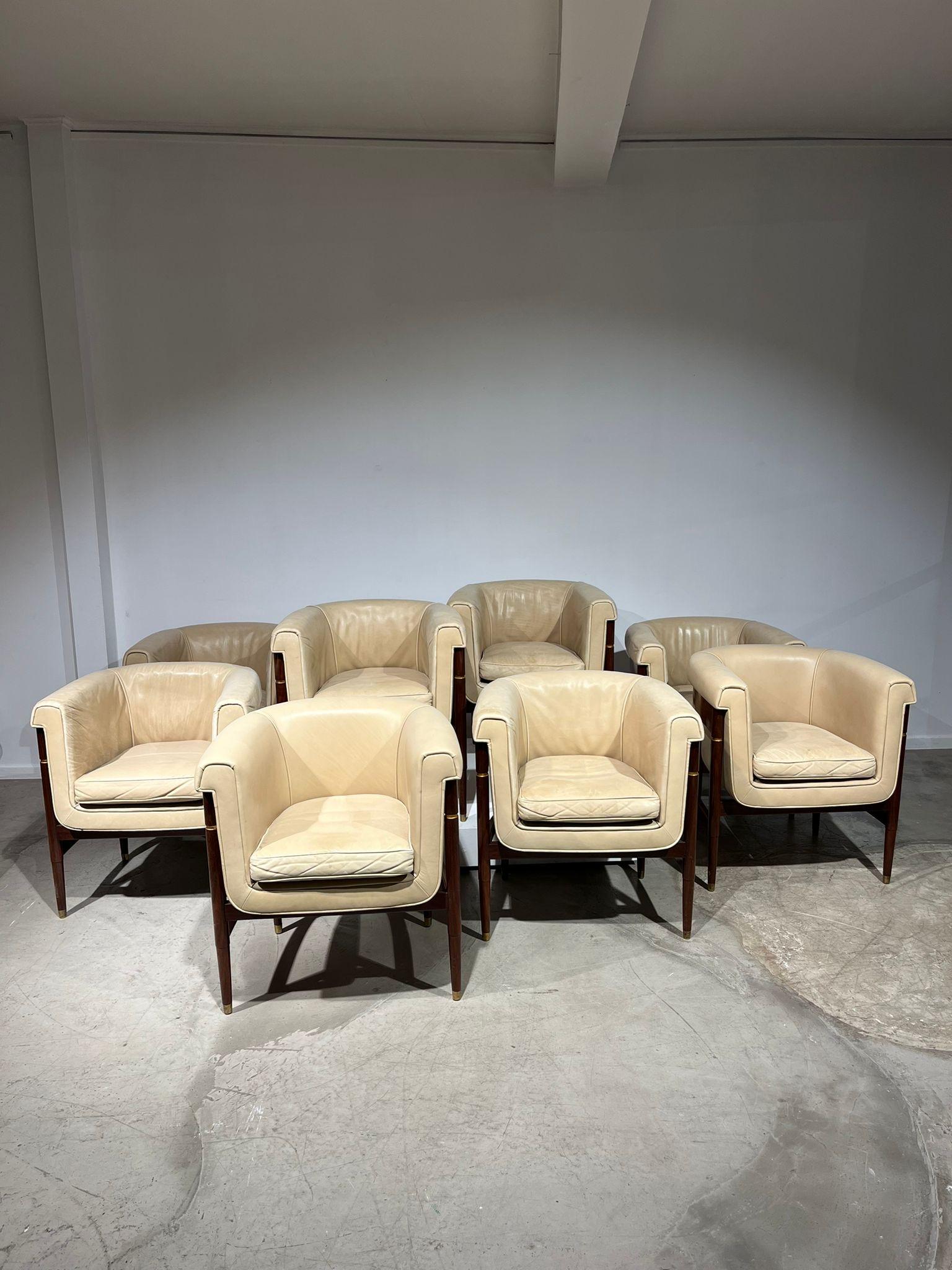 Brass Set of 8 Italian dining cream leather and brown wood easychairs For Sale