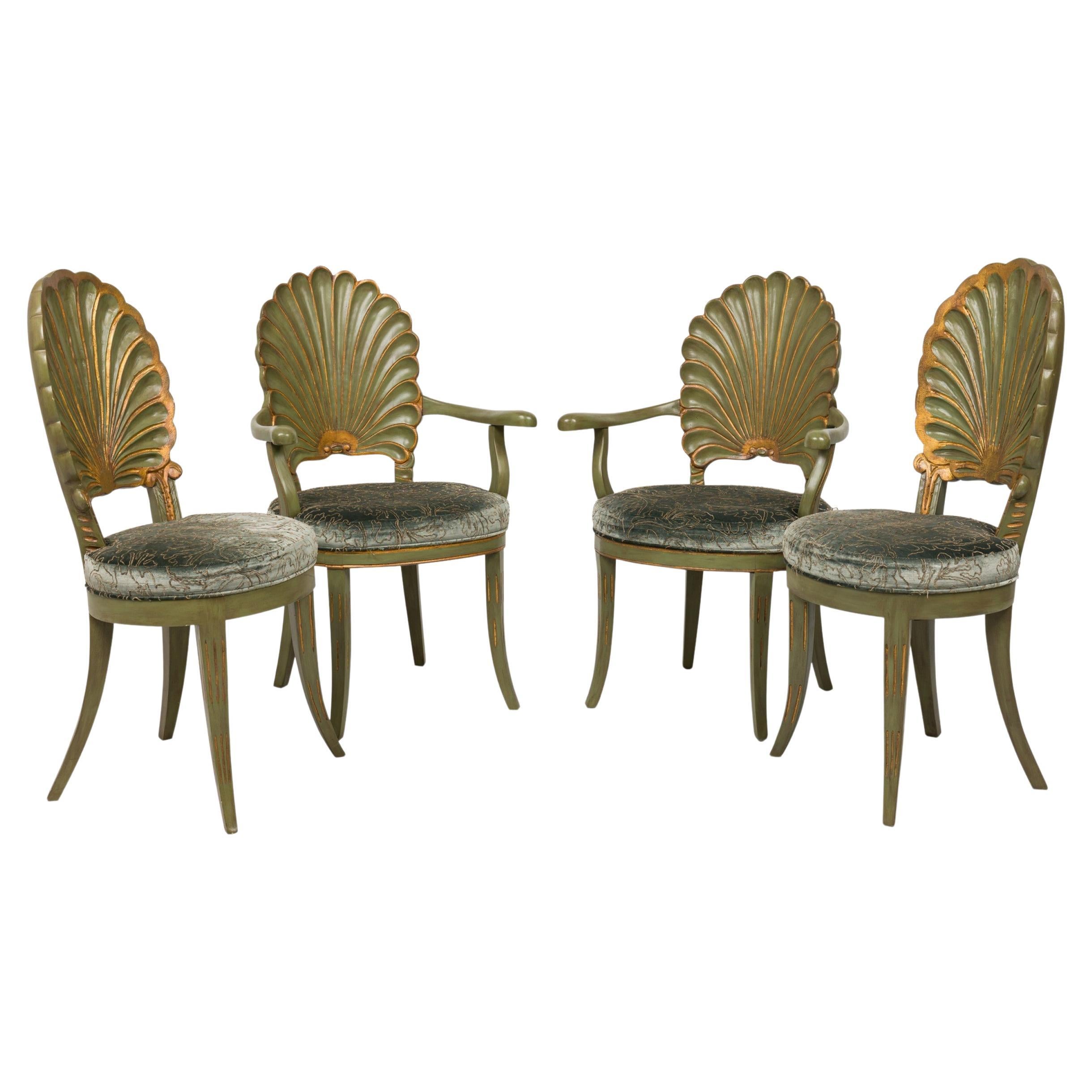 Set of 8 Italian Grotto Mid-Century Carved Wood Shellback Dining Chairs For Sale