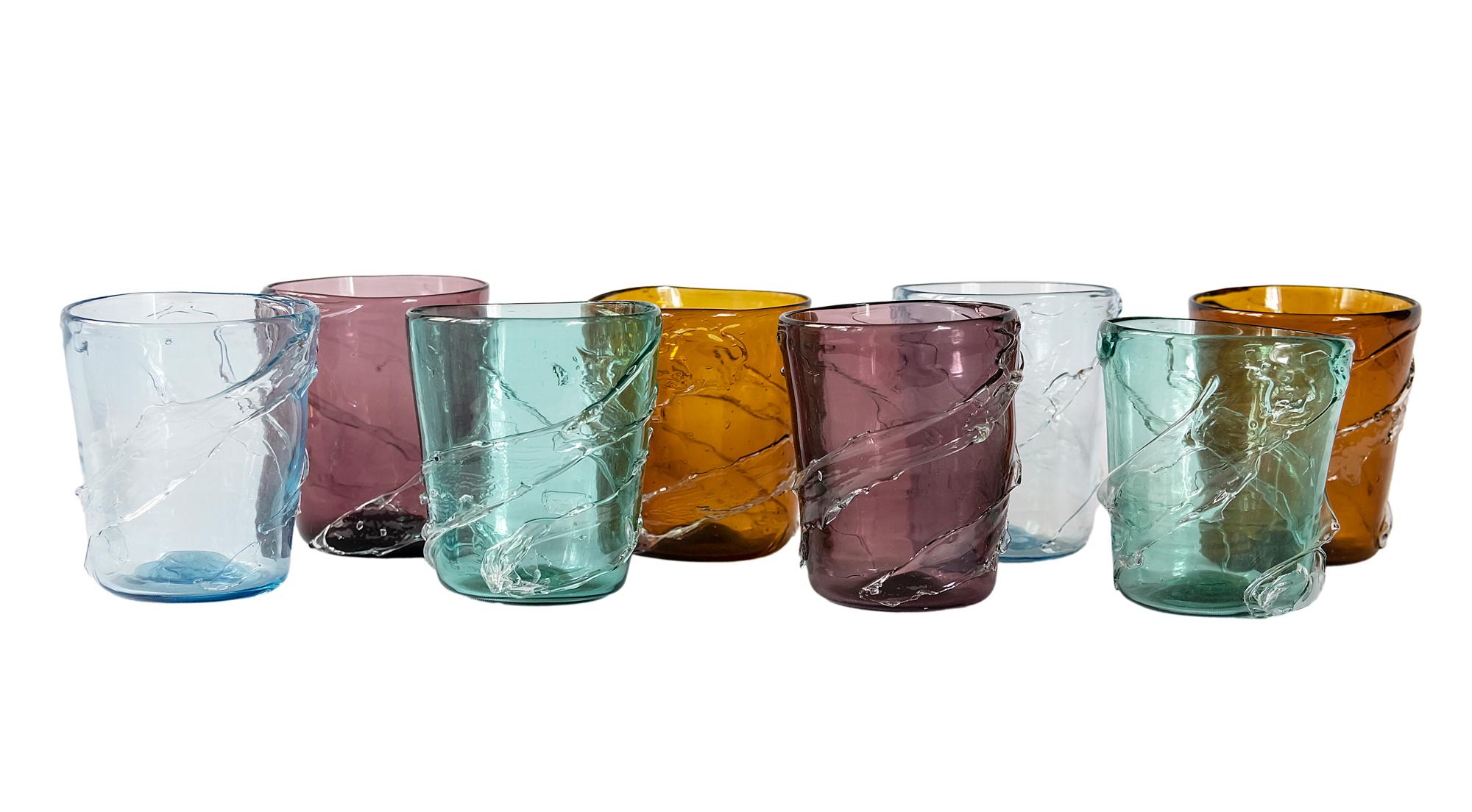 Hand-Crafted Set of 8 Italian Handmade Murano Glasses For Sale