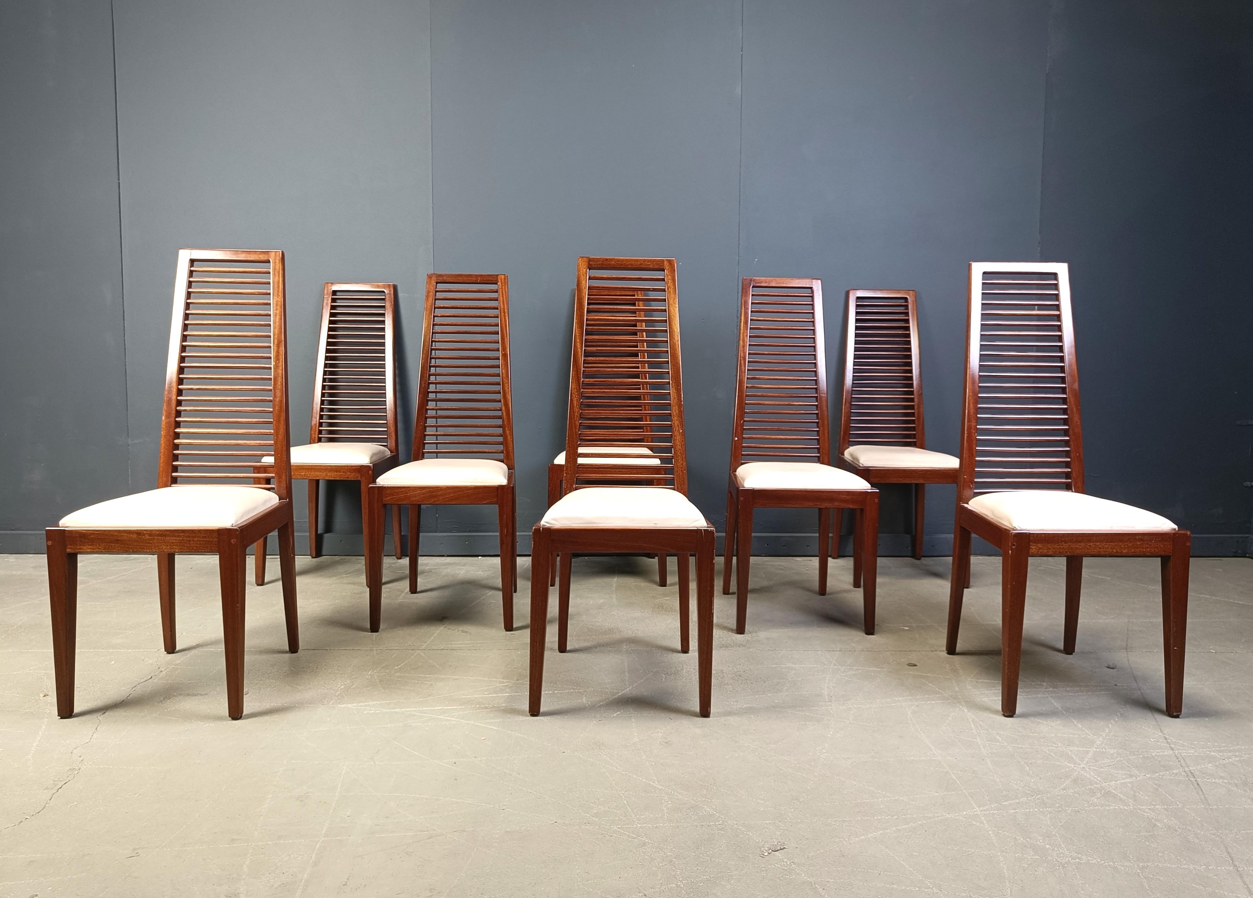 Faux Leather Set of 8 Italian high back dining chairs, 1980s For Sale