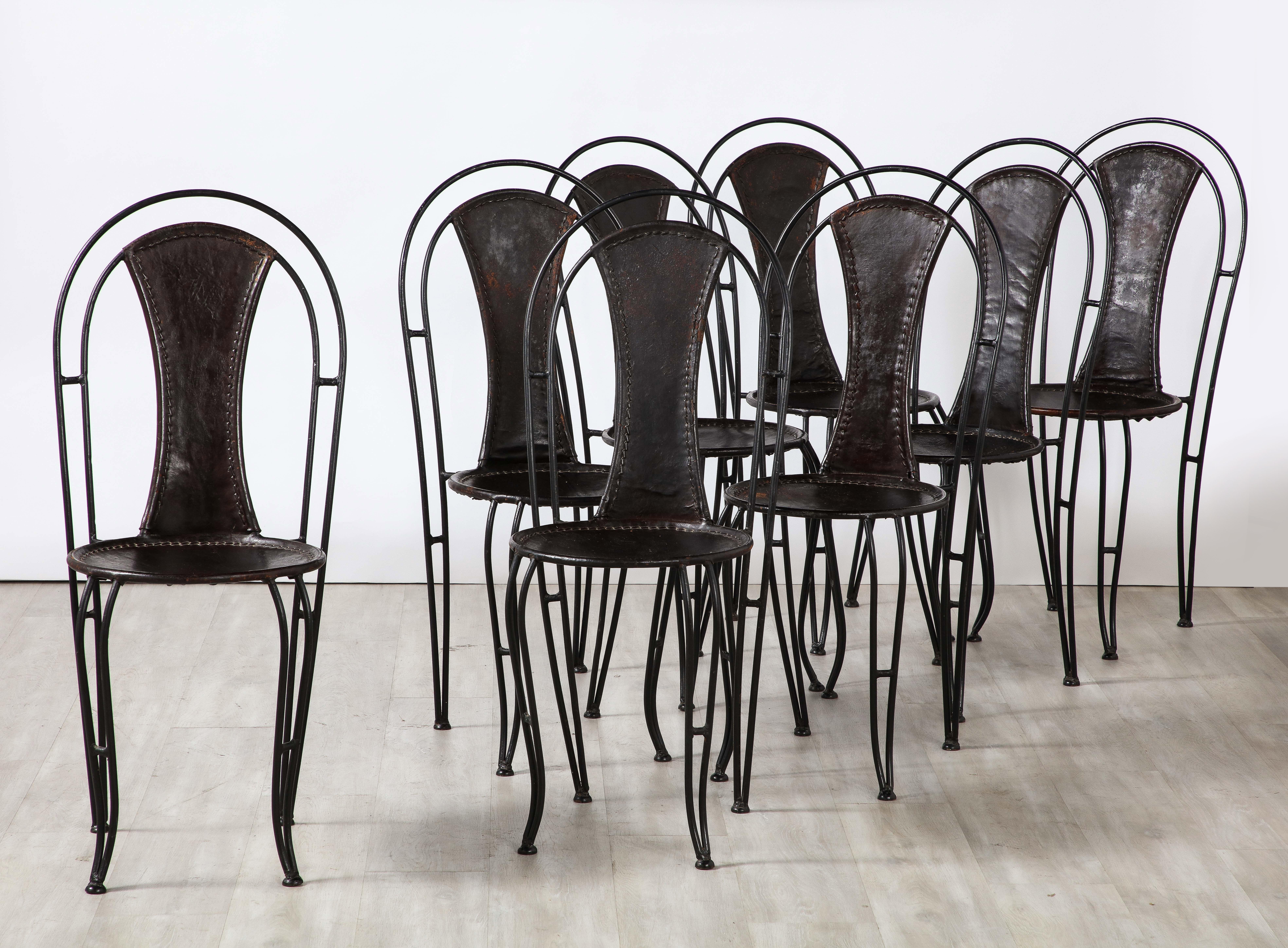 Set of 8 Italian Leather and Metal Bistro Dining Chairs, Circa 1960 In Good Condition For Sale In New York, NY