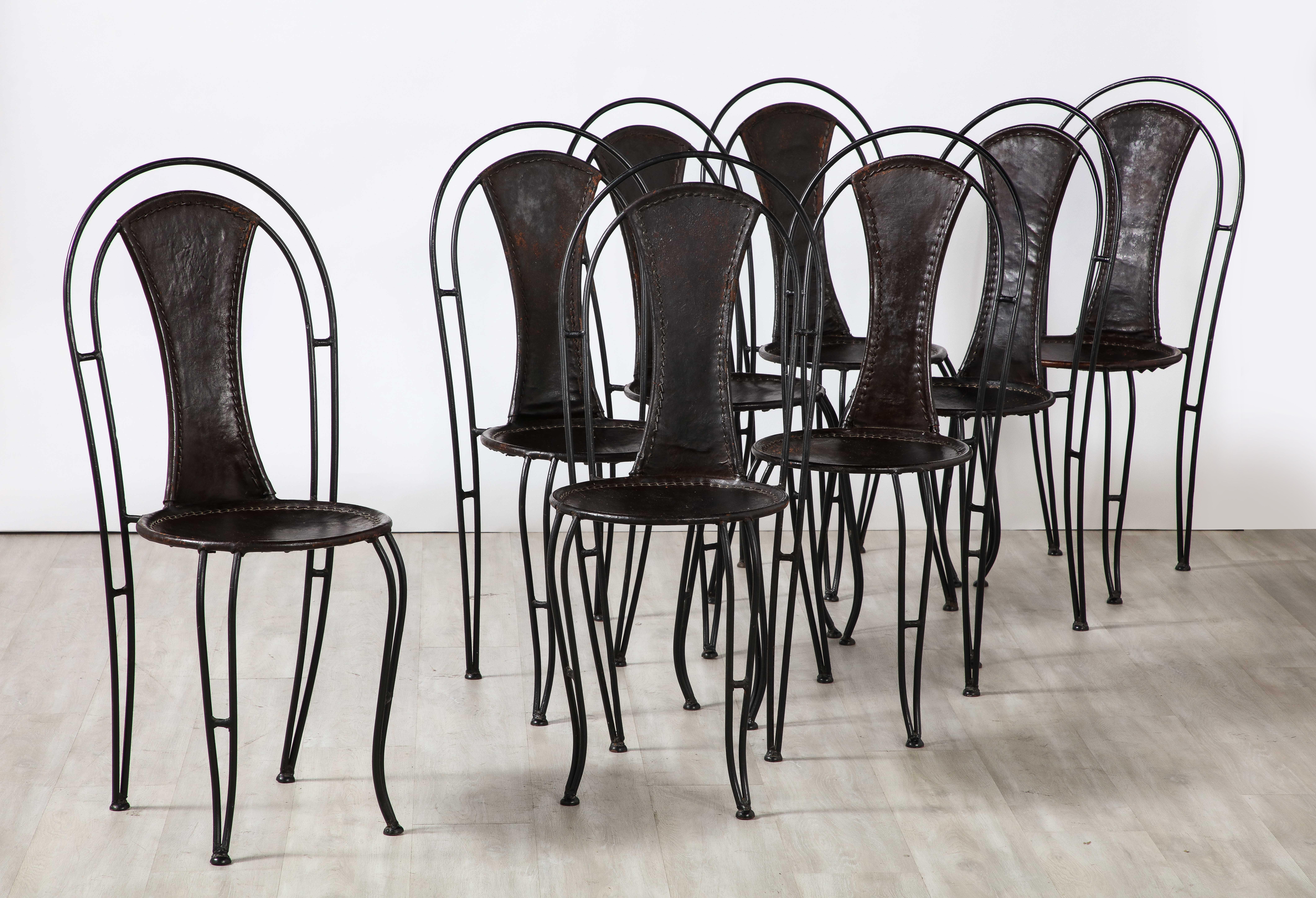 Mid-20th Century Set of 8 Italian Leather and Metal Bistro Dining Chairs, Circa 1960 For Sale