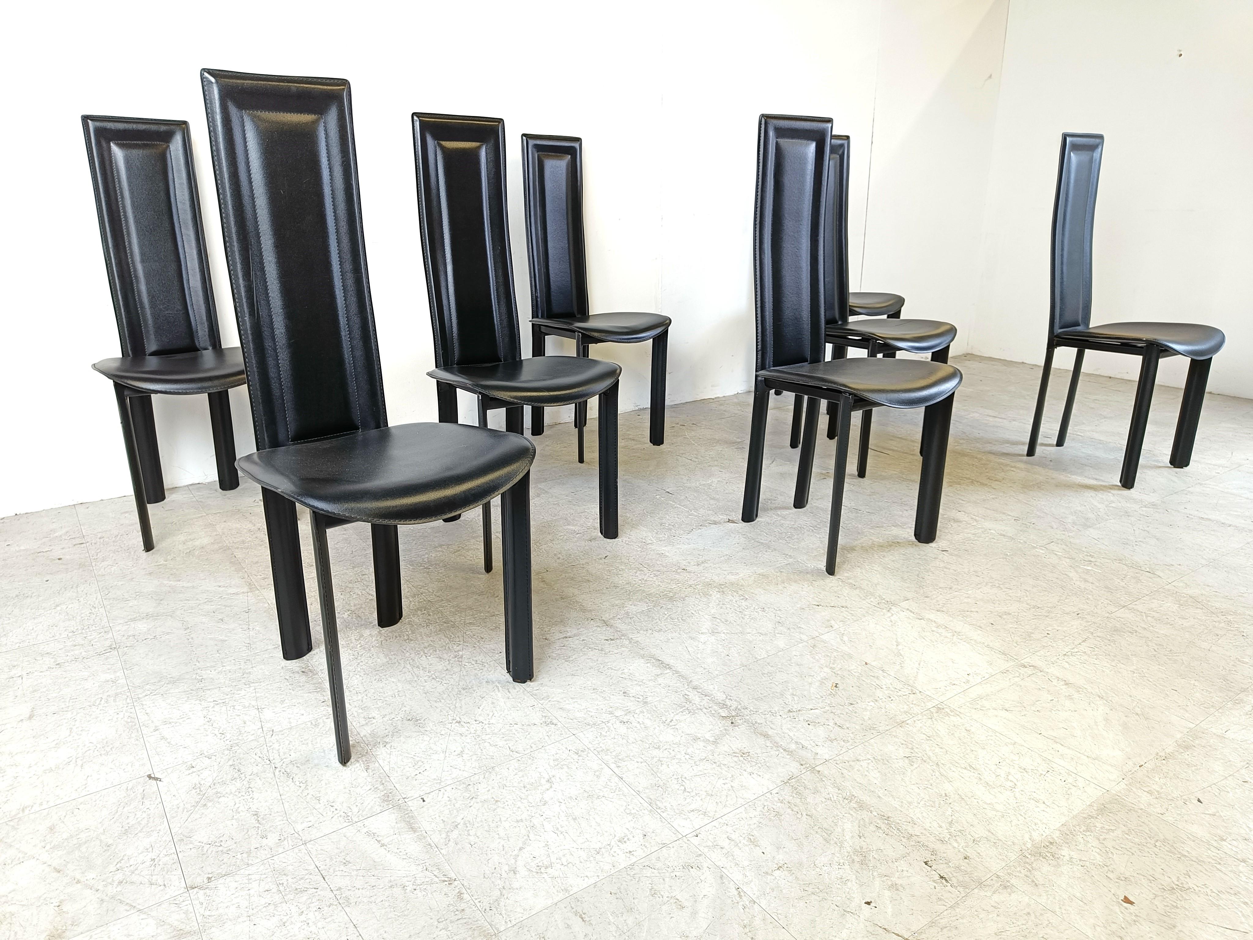Italian Set of 8 italian leather high back dining chairs, 1980s  For Sale