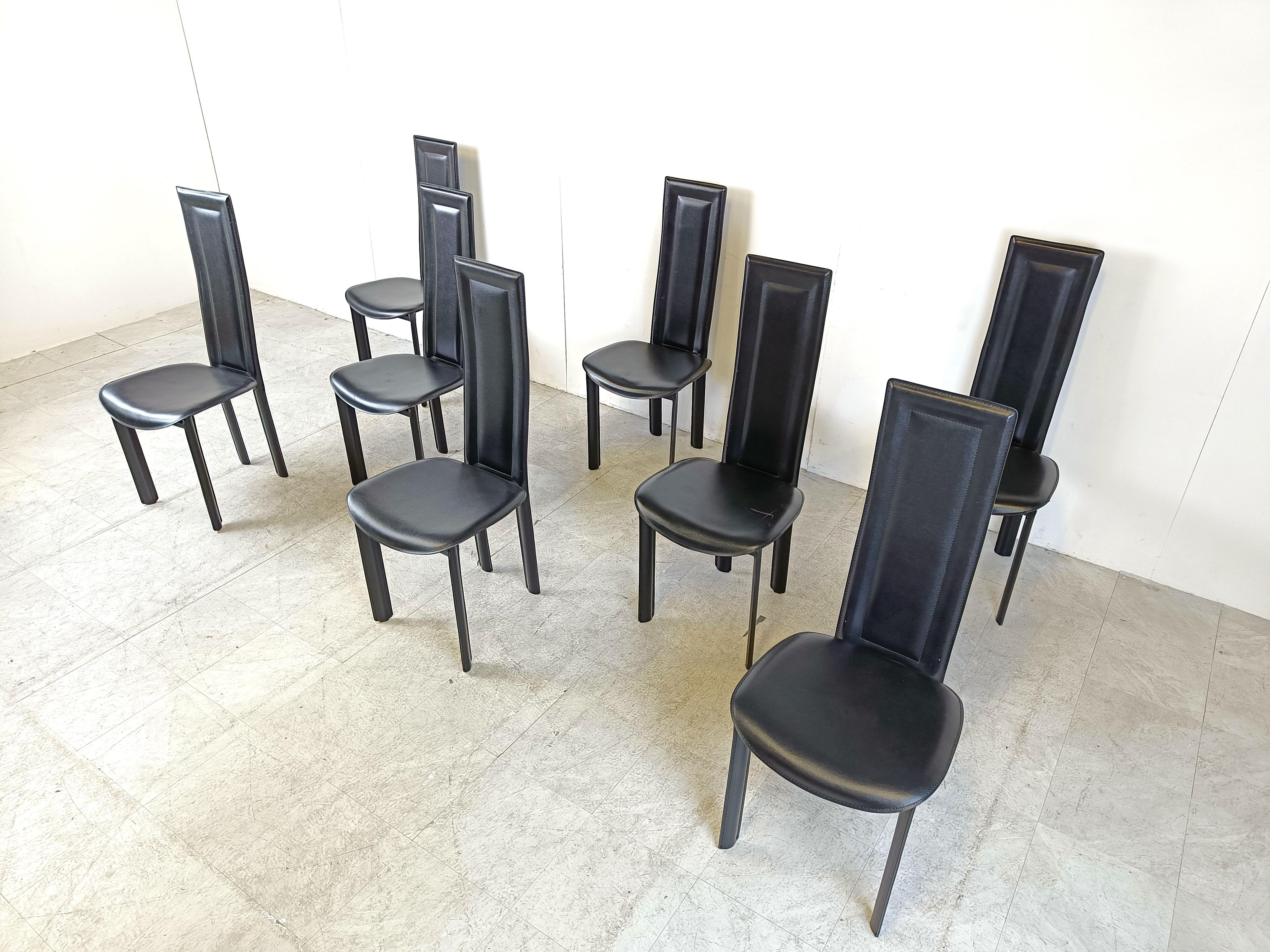 Set of 8 italian leather high back dining chairs, 1980s  In Good Condition For Sale In HEVERLEE, BE