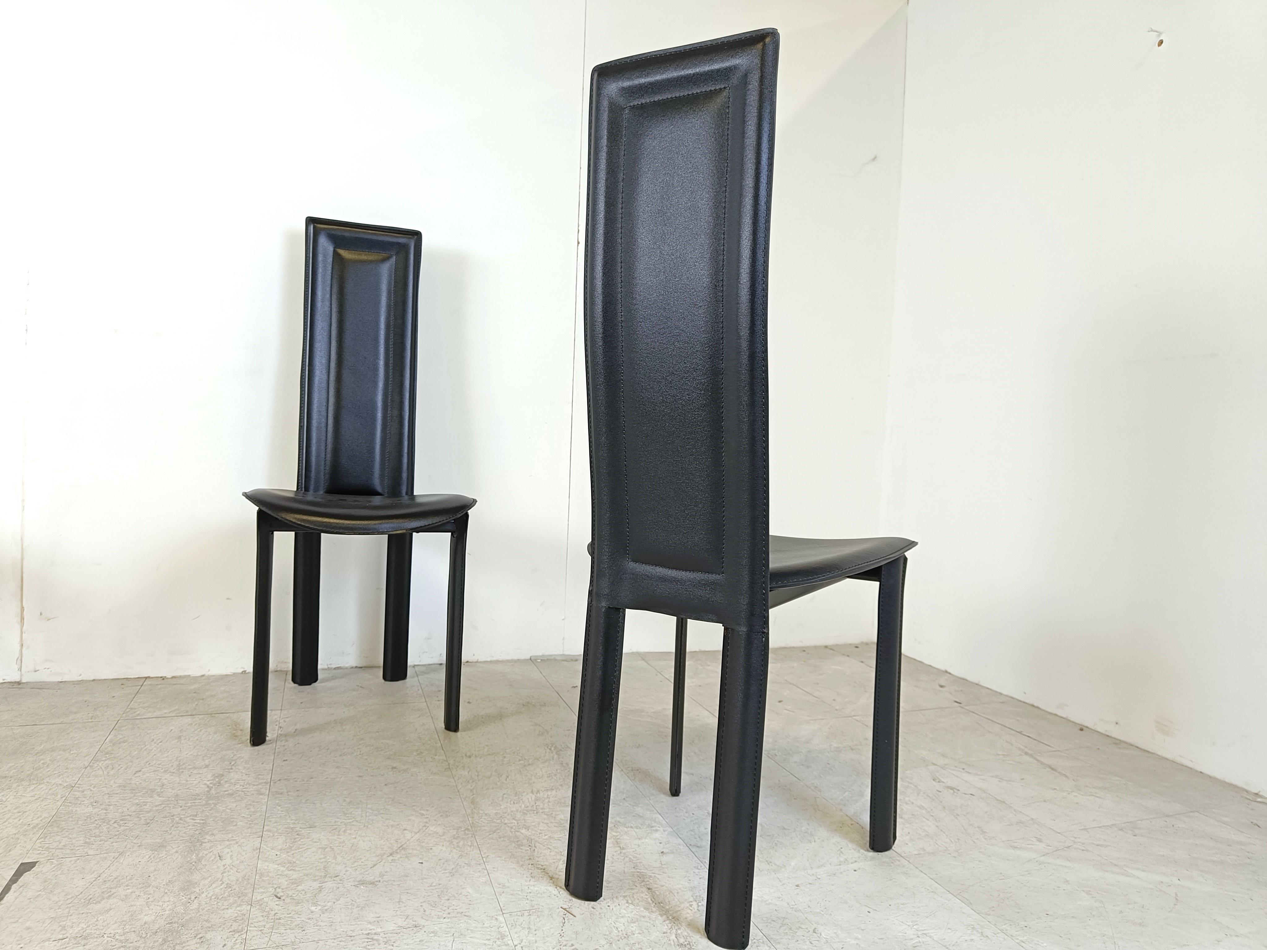 Set of 8 italian leather high back dining chairs, 1980s  For Sale 1