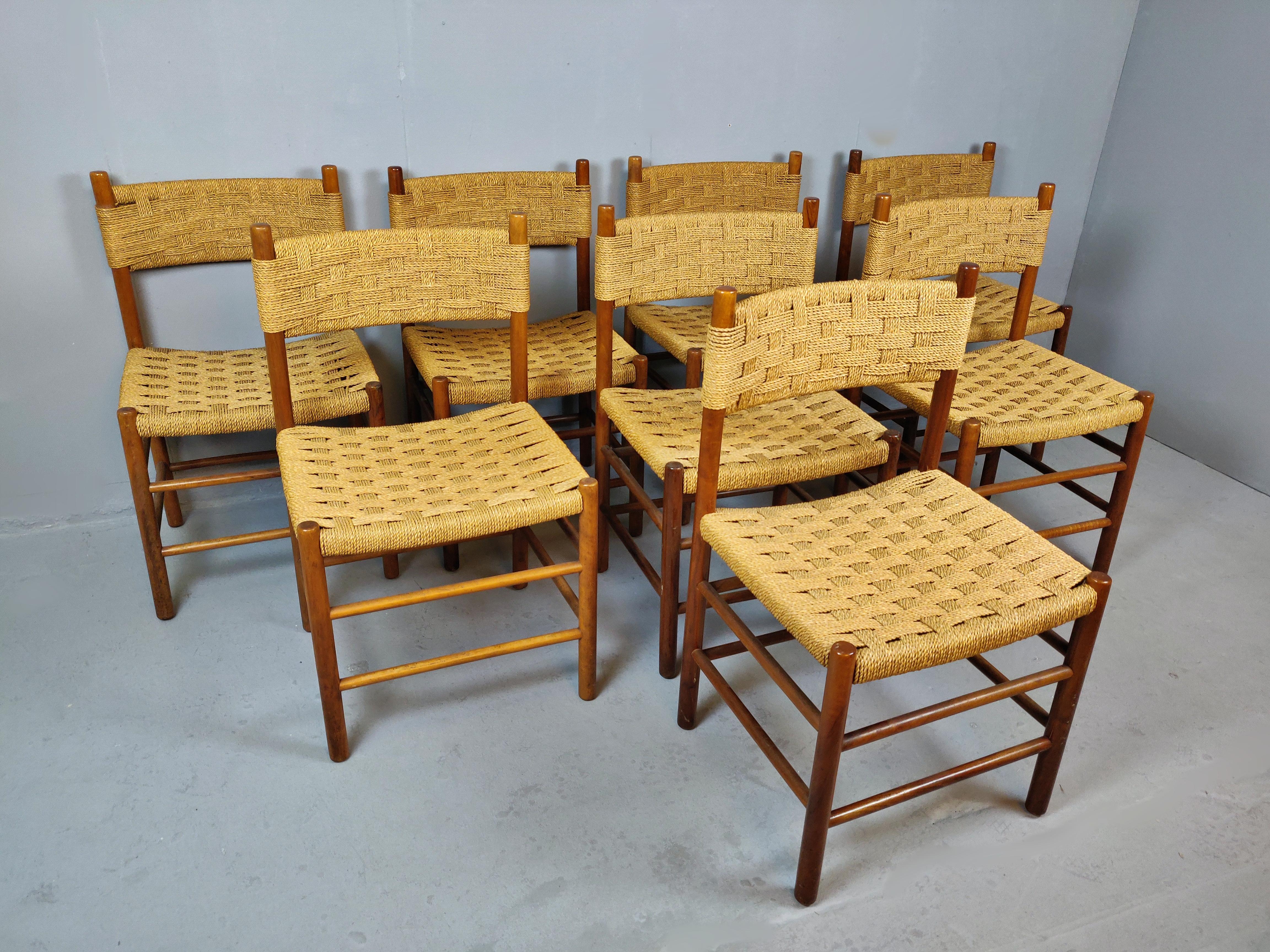 Set of 8 Italian midcentury rope chair.