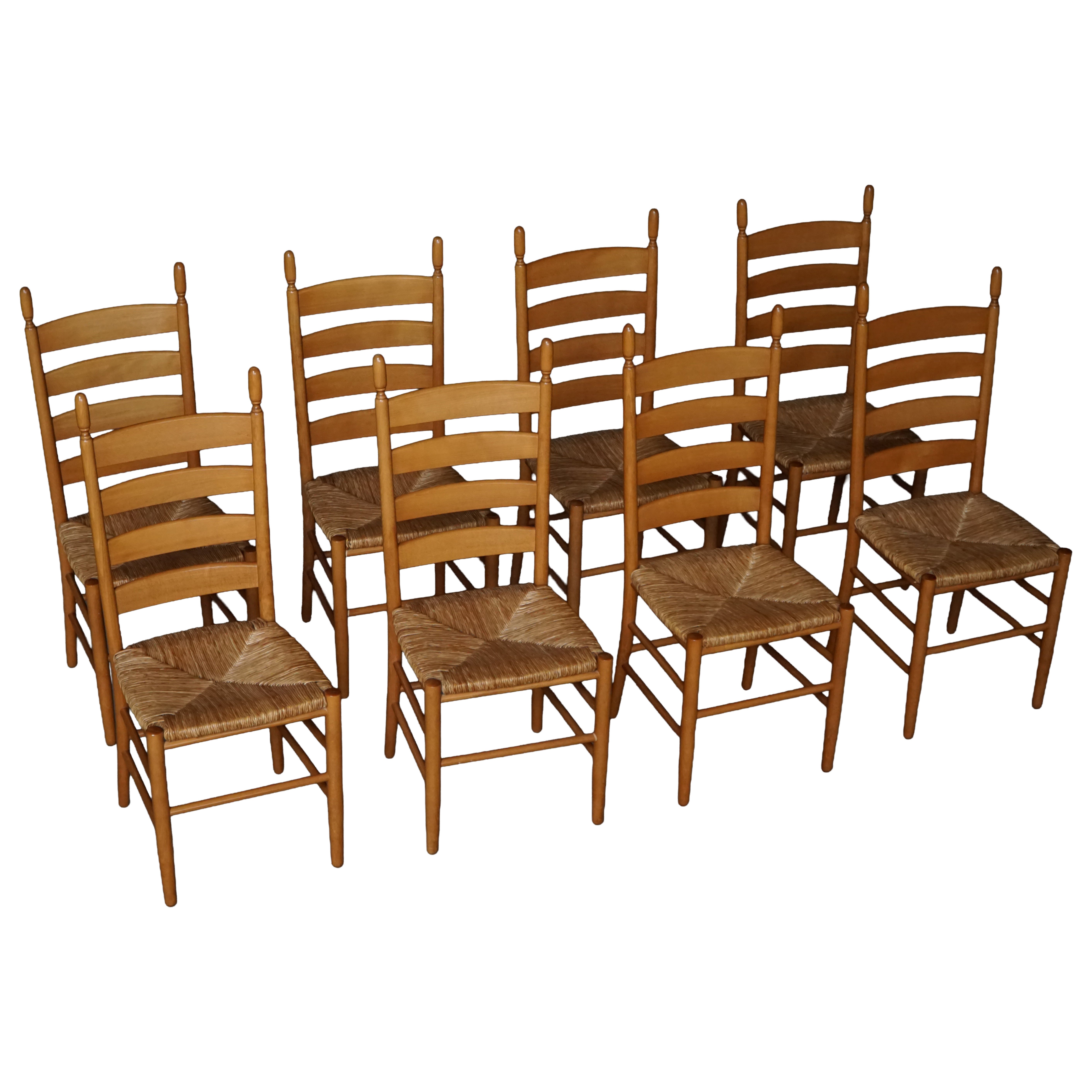 Set of 8 Italian Modern Dining Chairs, Beech with Woven Seats, 1960s en venta