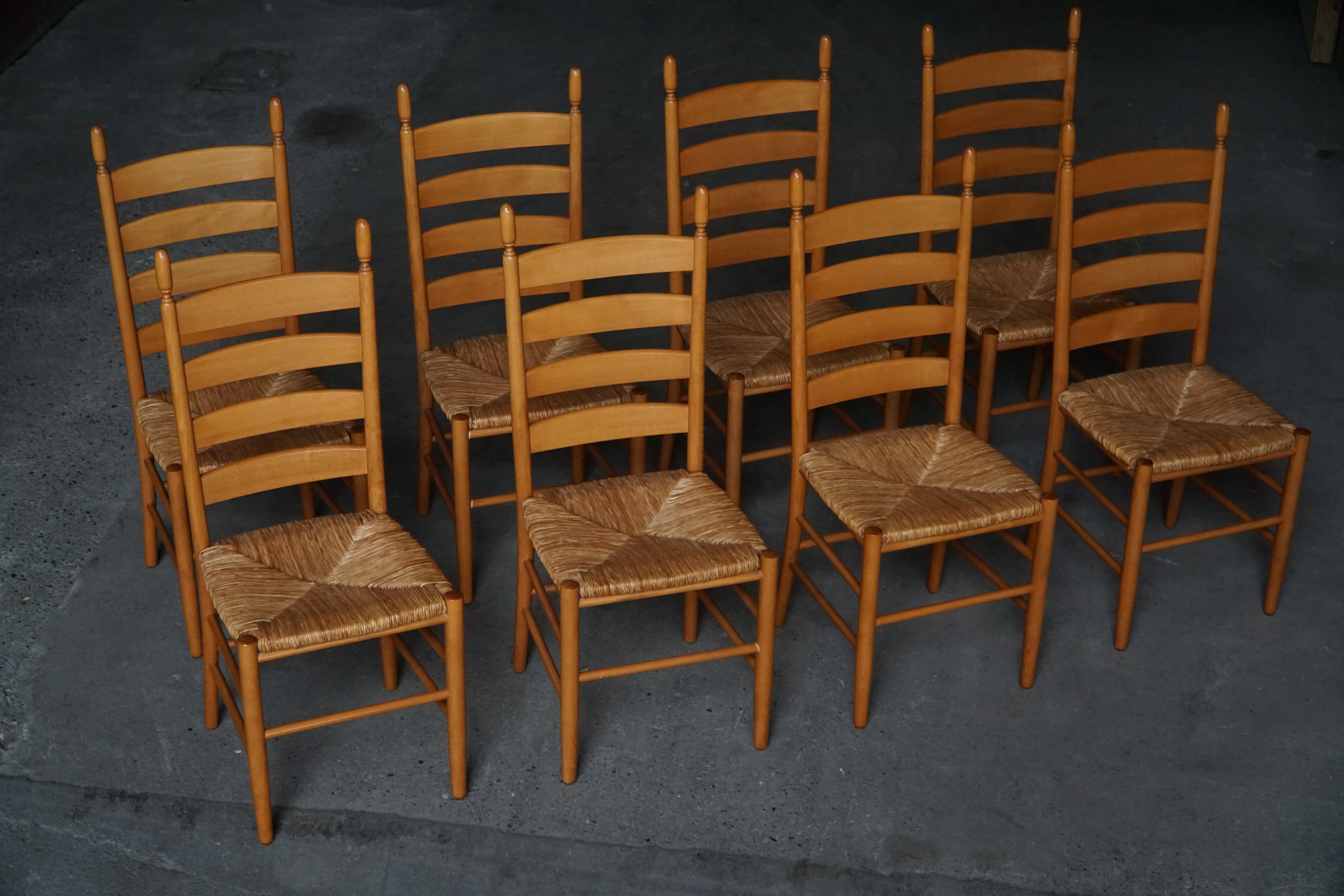 Set of 8 Italian Modern Dining Chairs, Beech with Woven Seats, 1960s