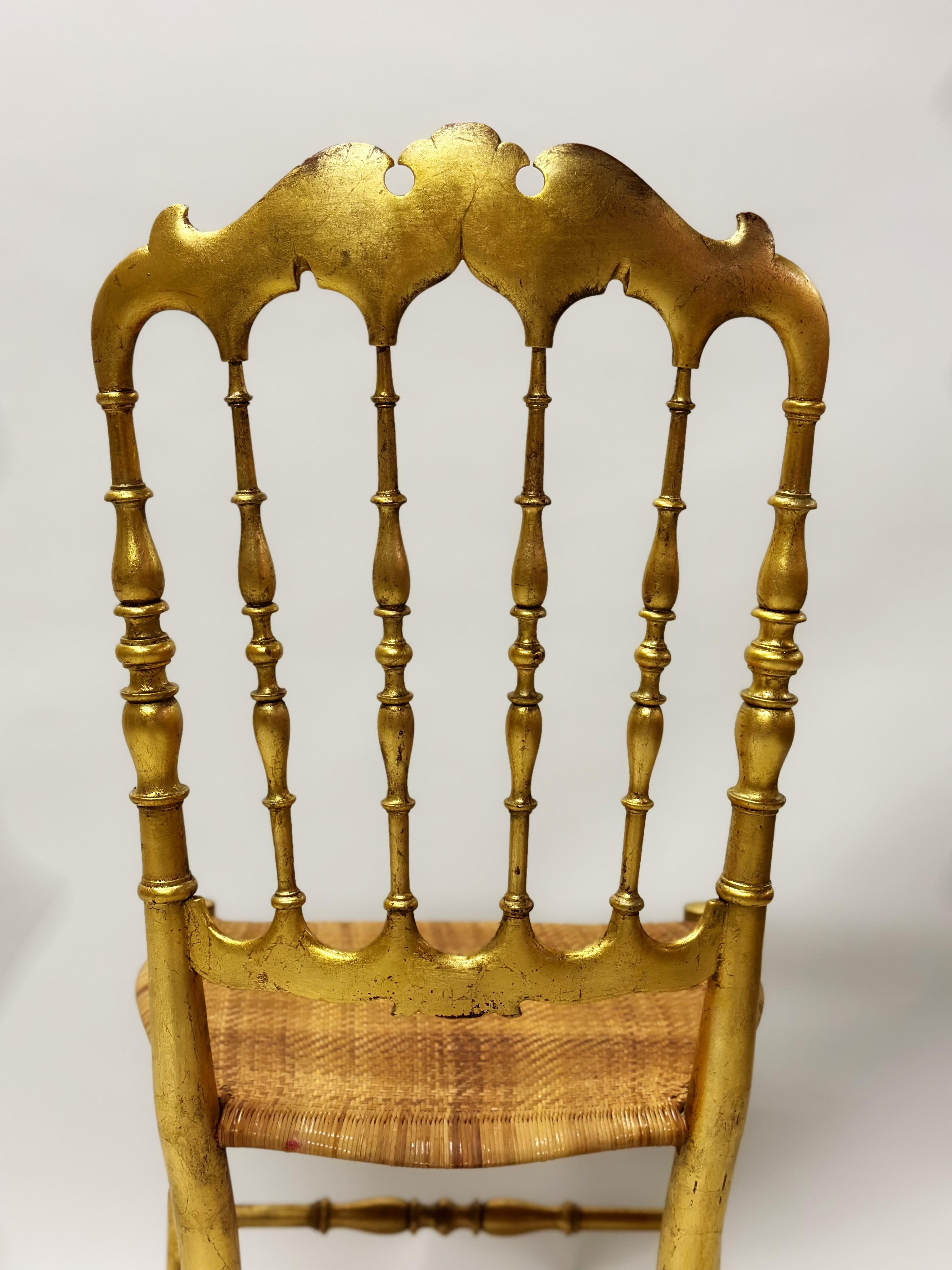 Set of 8 Italian Modern Neoclassical Dining Chairs in Carved Gilt Wood & Rattan For Sale 4