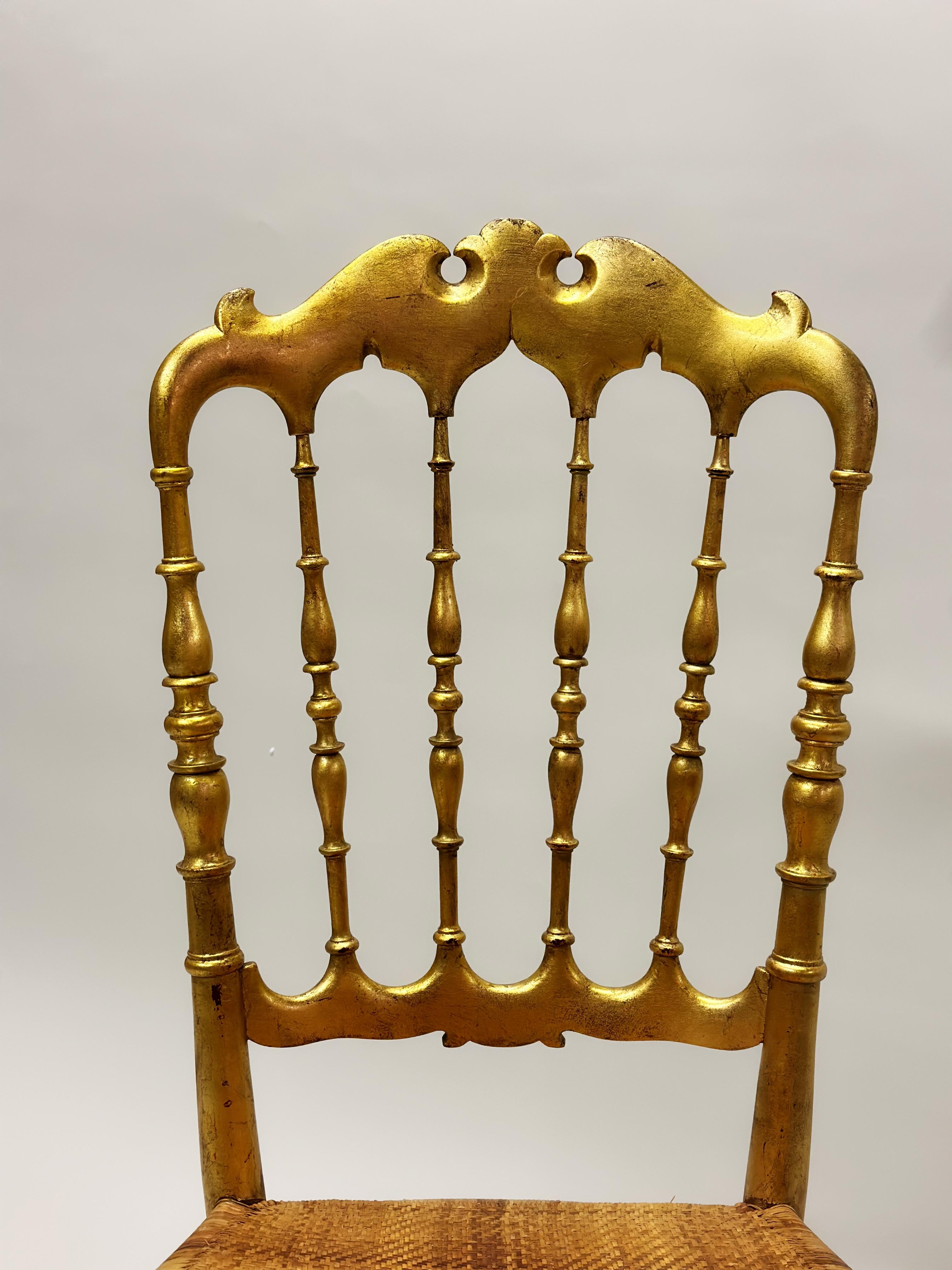 Set of 8 Italian Modern Neoclassical Dining Chairs in Carved Gilt Wood & Rattan For Sale 6