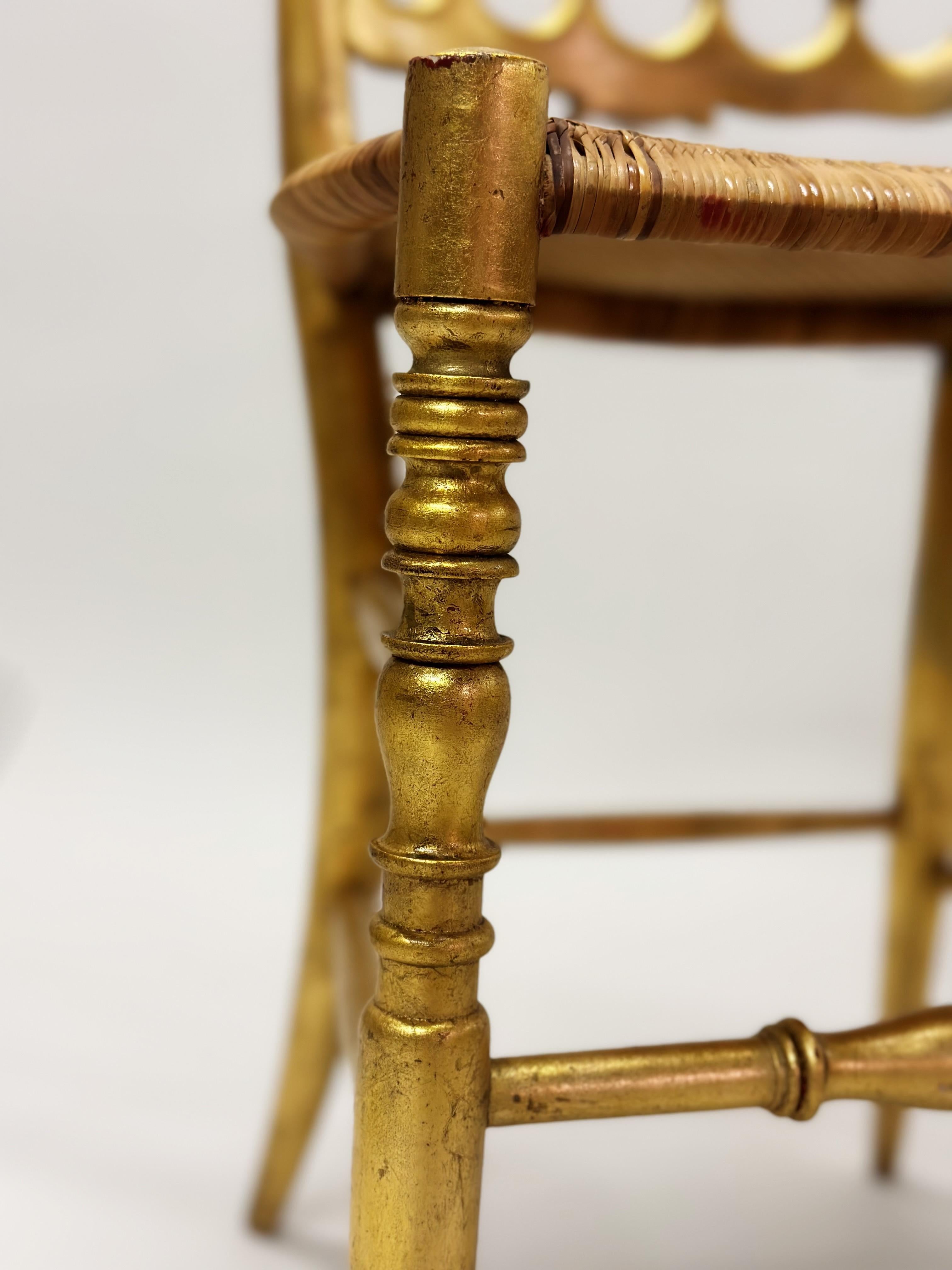 Set of 8 Italian Modern Neoclassical Dining Chairs in Carved Gilt Wood & Rattan For Sale 12