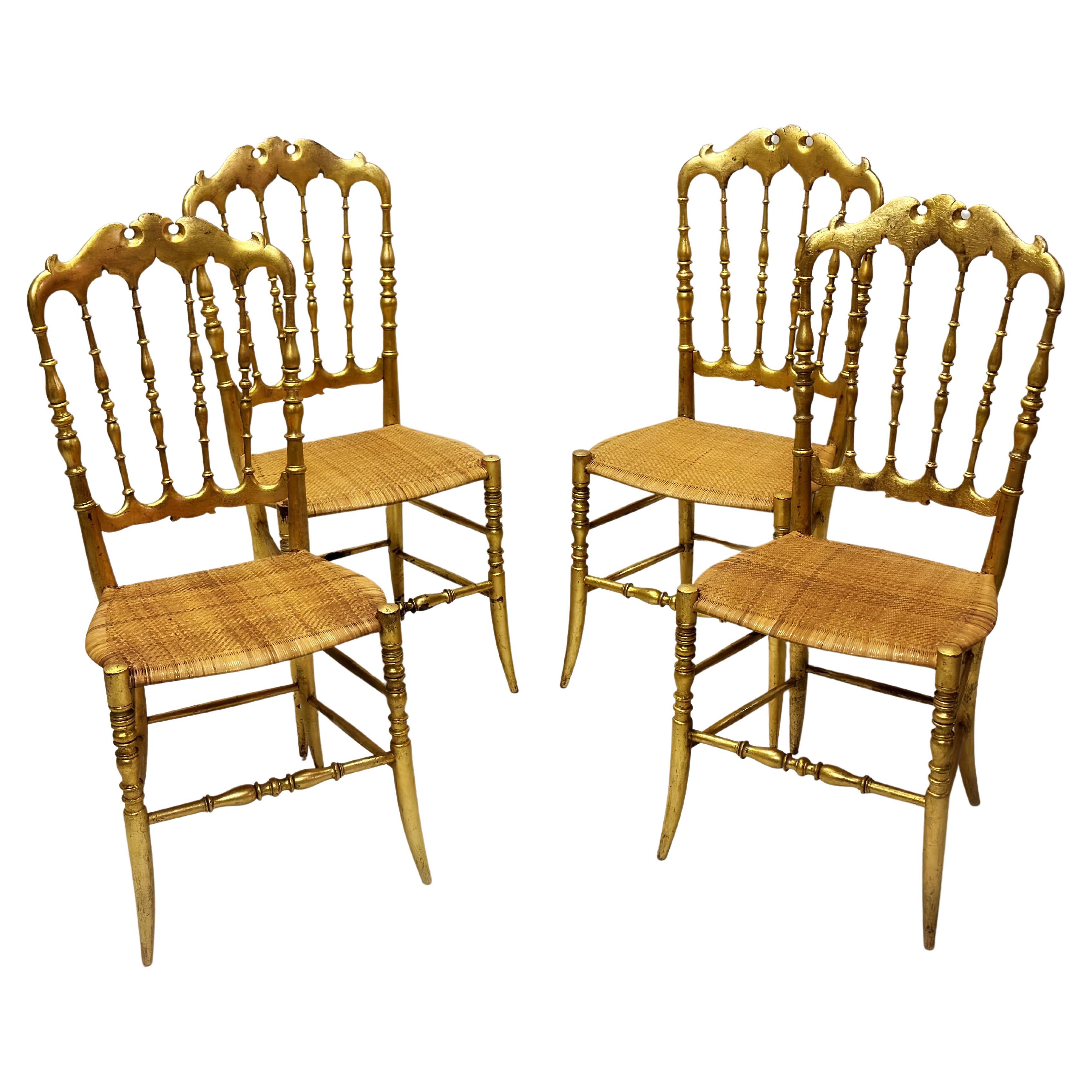 A rare set of Italian Mid-Century dining chairs reflecting both traditional Italian chair making and daring modern sensibilities. The chairs are charming creations utilizing traditional Italian materials and design but put together using a