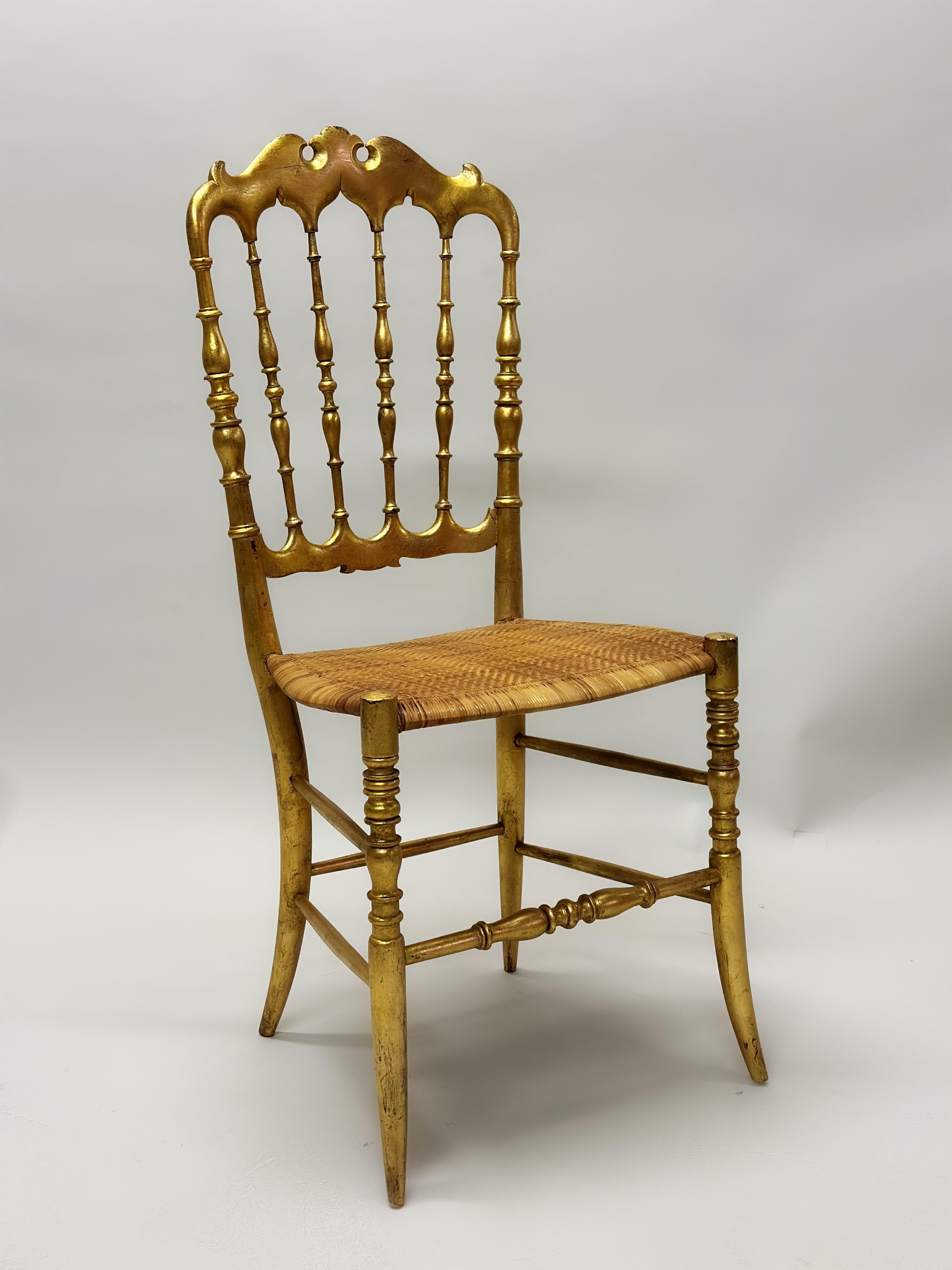 Set of 8 Italian Modern Neoclassical Dining Chairs in Carved Gilt Wood & Rattan For Sale 1