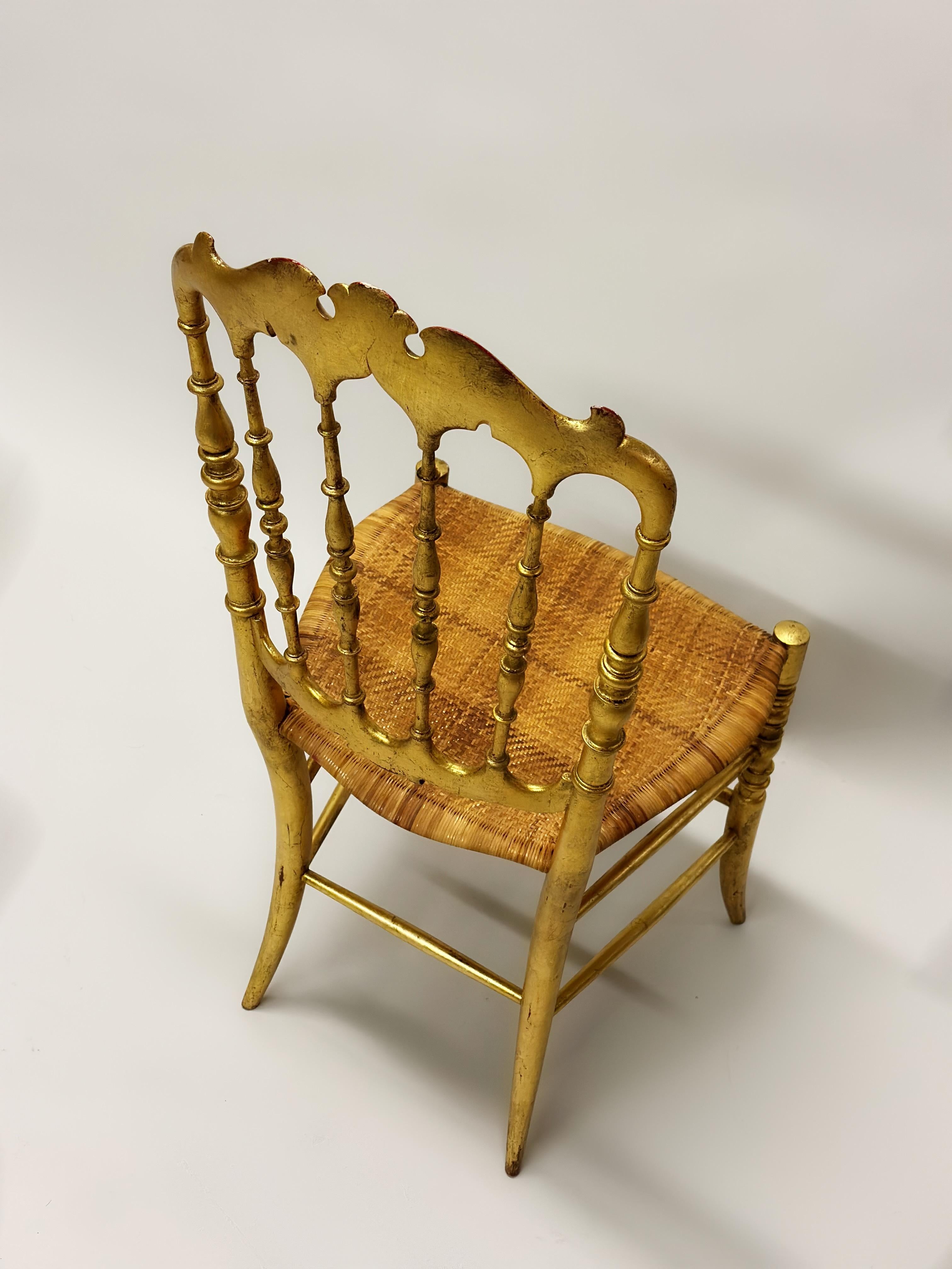 Set of 8 Italian Modern Neoclassical Dining Chairs in Carved Gilt Wood & Rattan For Sale 3