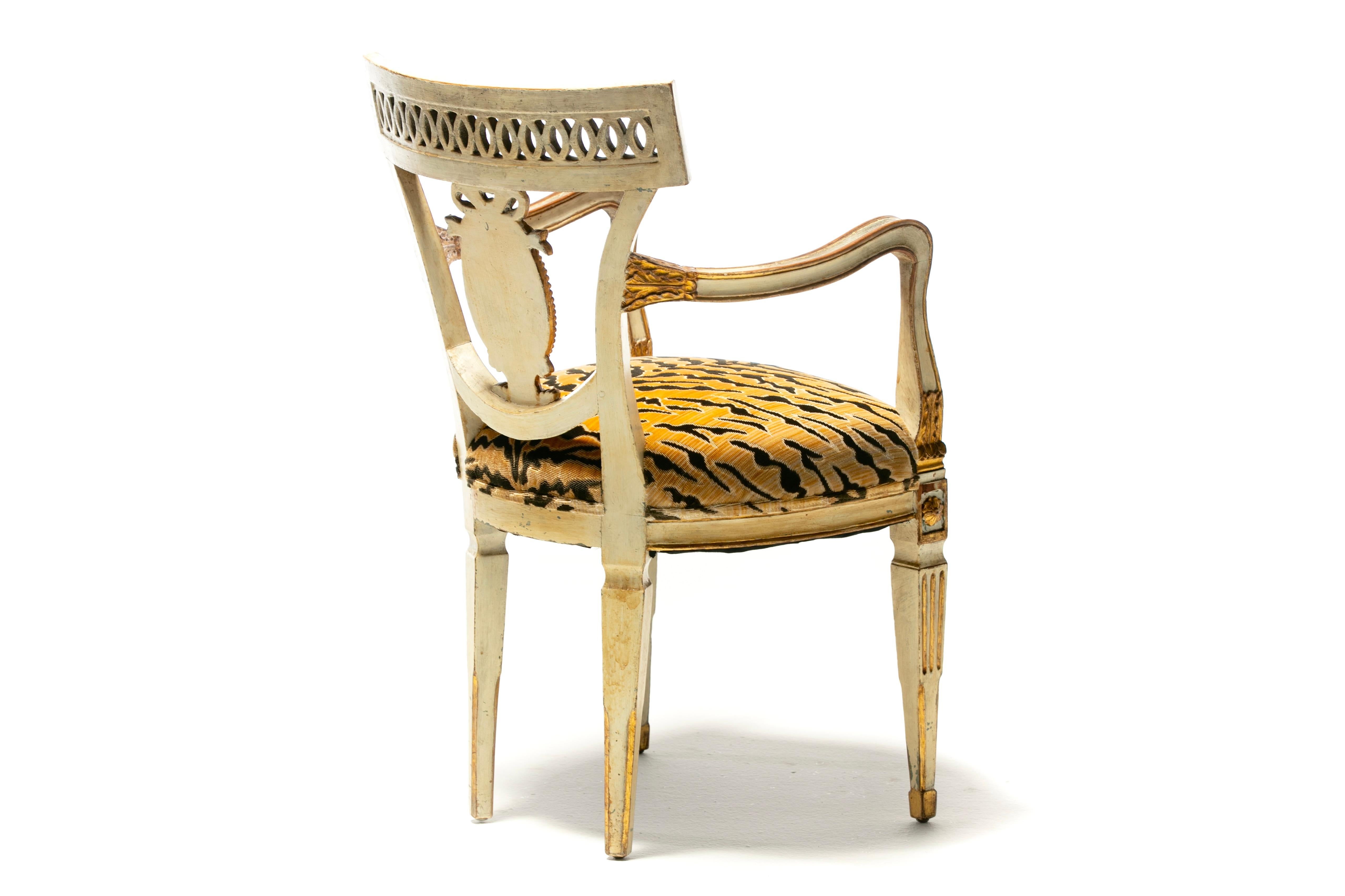 Set of 8 Italian Neoclassical Dining Chairs with Painted Murals & Tiger Velvet For Sale 5