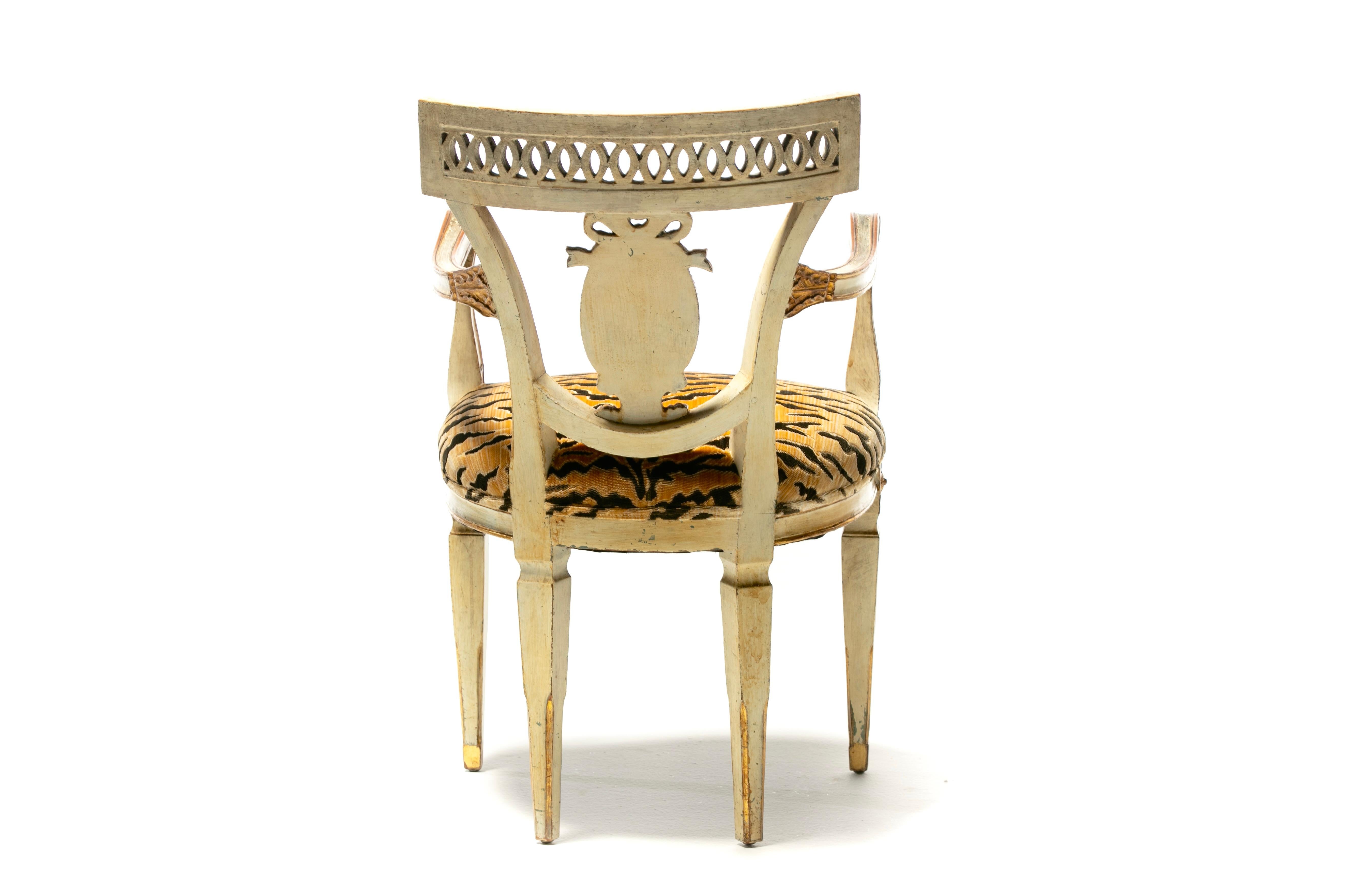 Set of 8 Italian Neoclassical Dining Chairs with Painted Murals & Tiger Velvet For Sale 6