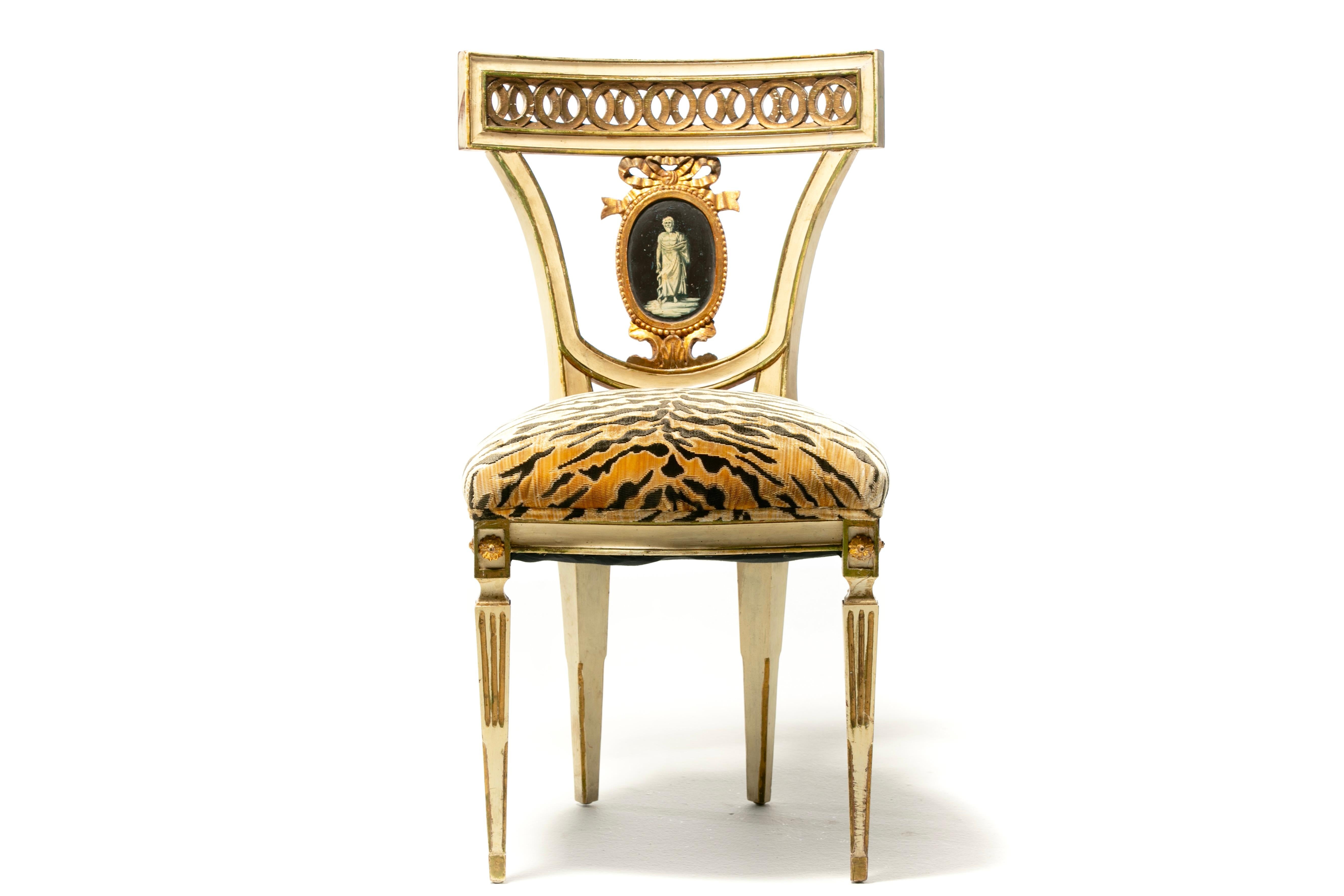 Set of 8 Italian Neoclassical Dining Chairs with Painted Murals & Tiger Velvet For Sale 10